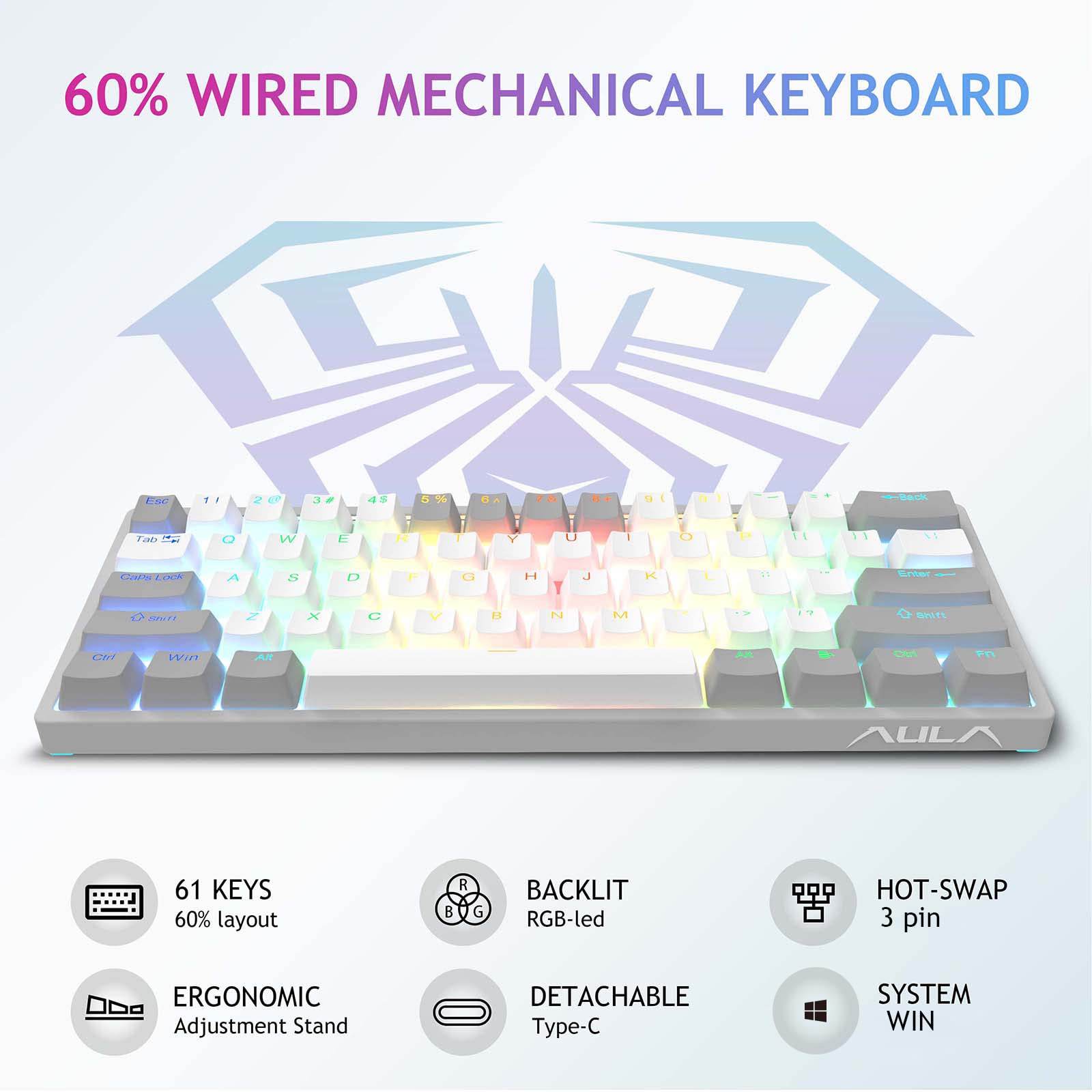 Foto 3 pulgar | Teclado Mecánico Para Juegos Aula 60% Con Cable, Retroiluminado Rgb, Rojo - Venta Internacional.