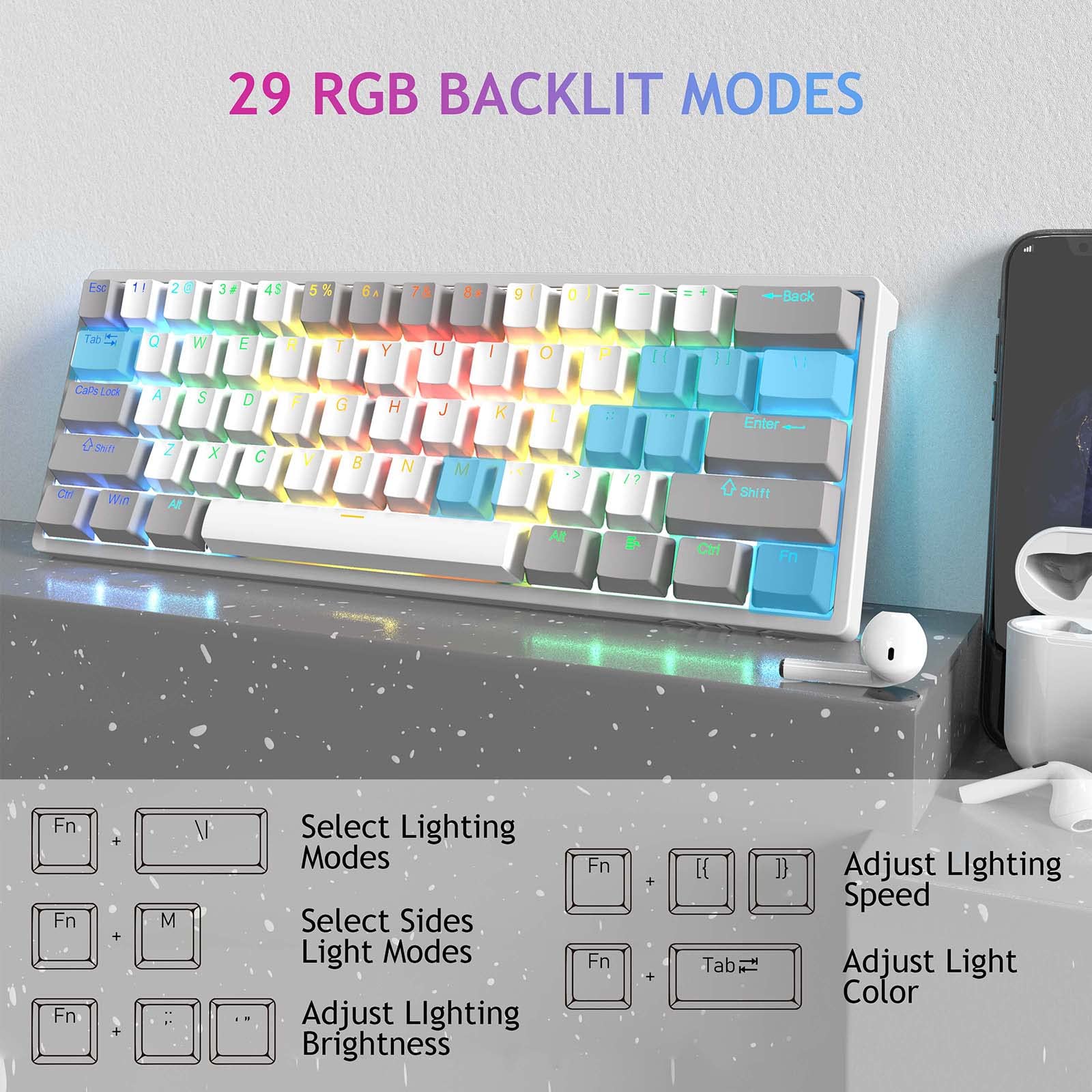 Foto 7 pulgar | Teclado Mecánico Para Juegos Aula 60% Con Cable, Retroiluminado Rgb, Rojo - Venta Internacional.