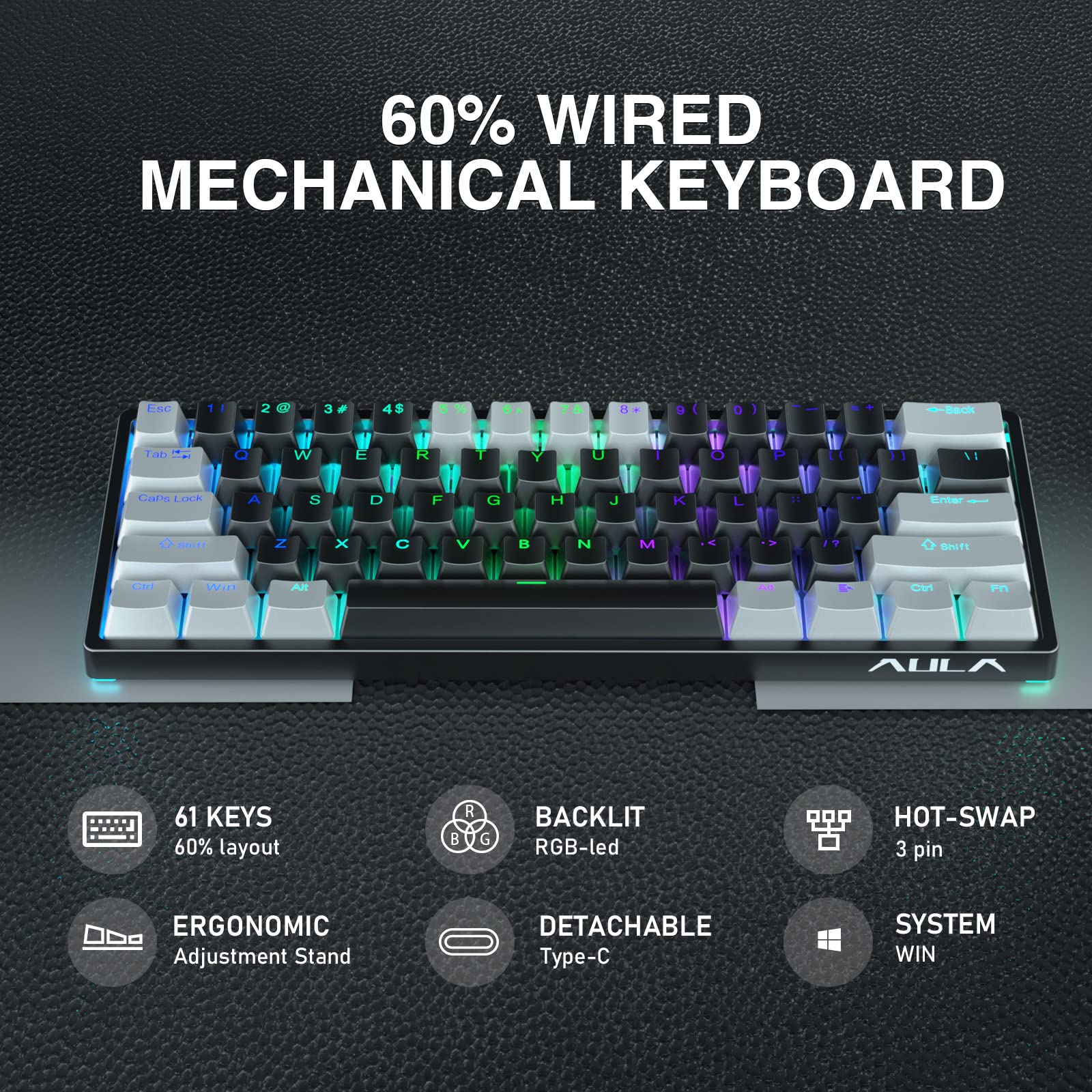 Foto 3 pulgar | Teclado Mecánico Para Juegos Aula 60% Con Cable Y Retroiluminación Rgb - Venta Internacional.