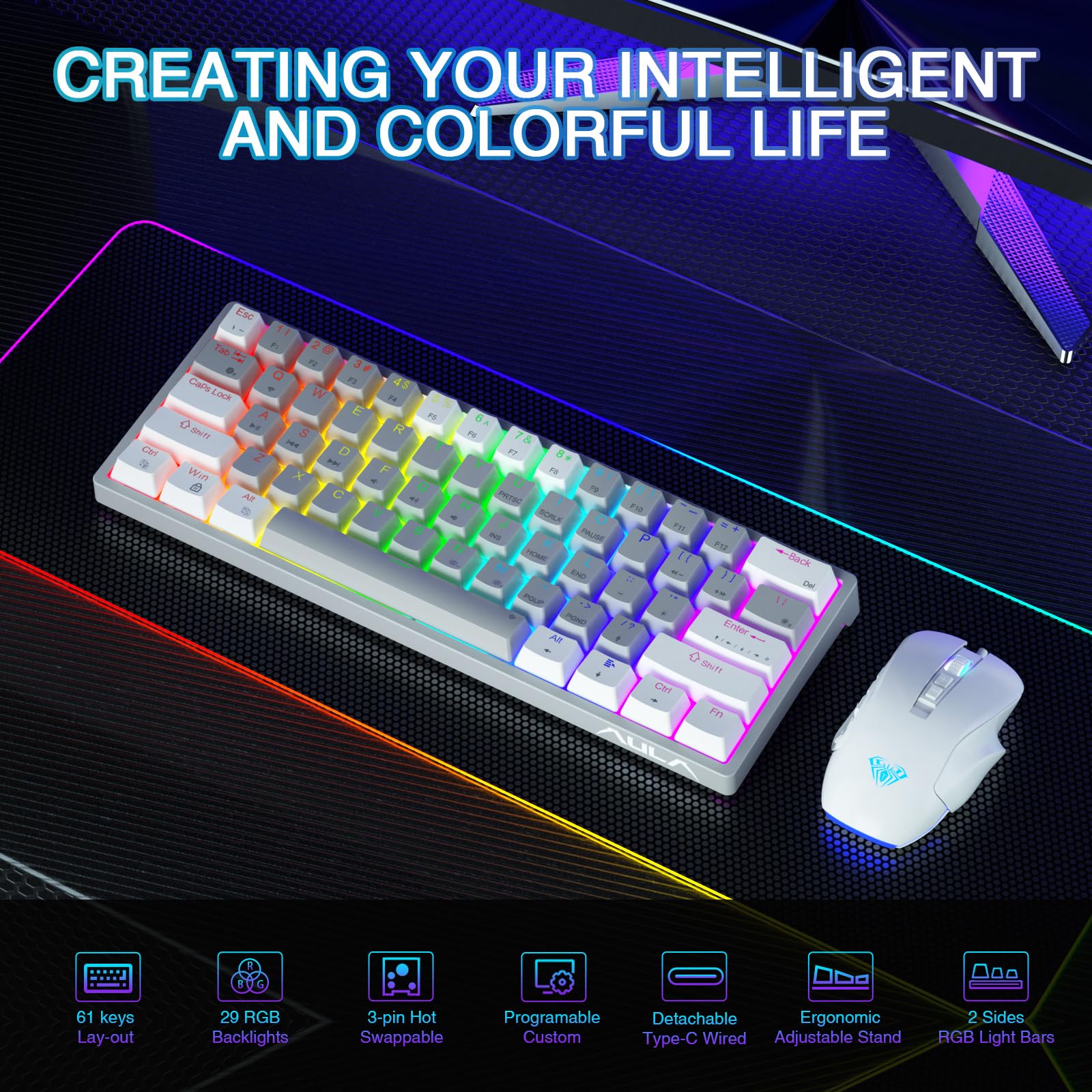 Foto 3 pulgar | Teclado Para Juegos Aula 60 Por Ciento Cableado Mecánico Rgb Azul - Venta Internacional.