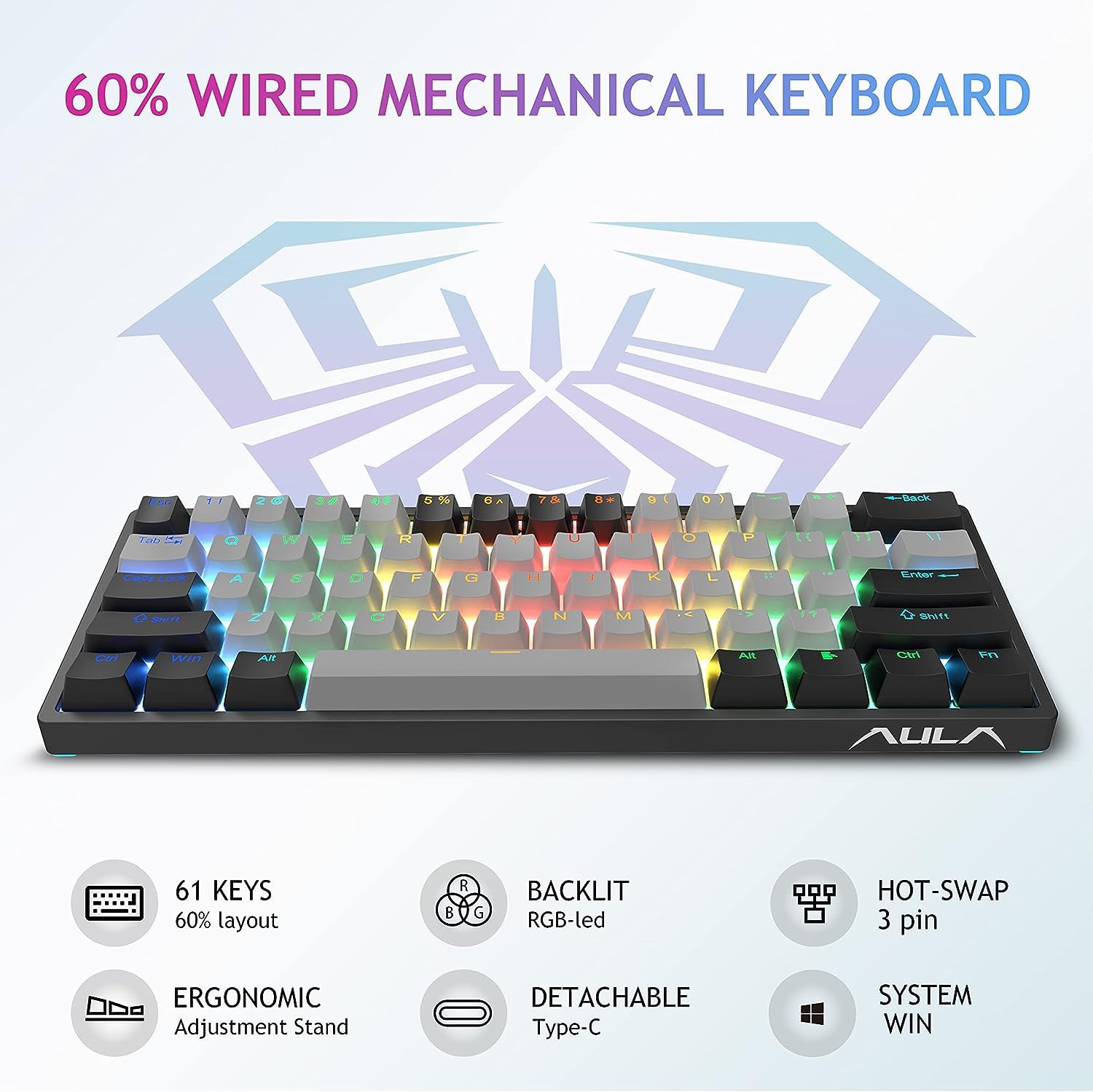 Foto 4 pulgar | Teclado Mecánico Para Juegos Aula 60% Con Cable Con Retroiluminación Rgb - Venta Internacional.