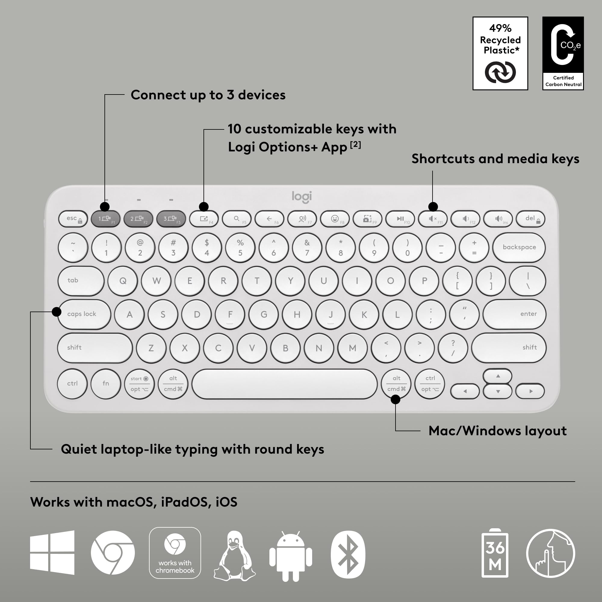 Foto 7 pulgar | Teclado Inalámbrico Logitech Pebble Keys 2 K380s - Blanco Tonal - Venta Internacional.