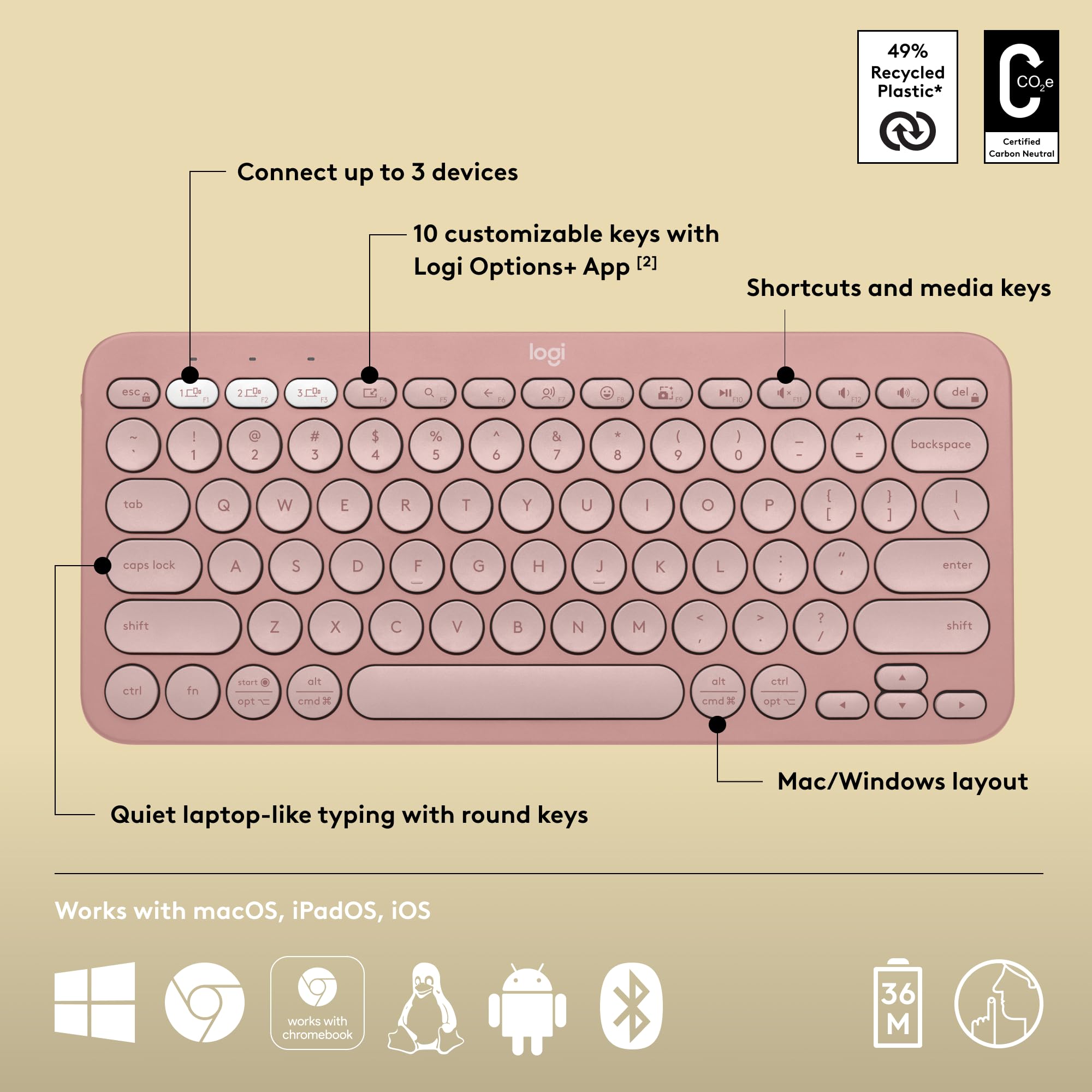 Foto 7 pulgar | Teclado Inalámbrico Logitech Pebble Keys 2 K380s - Tonal Rose - Venta Internacional.