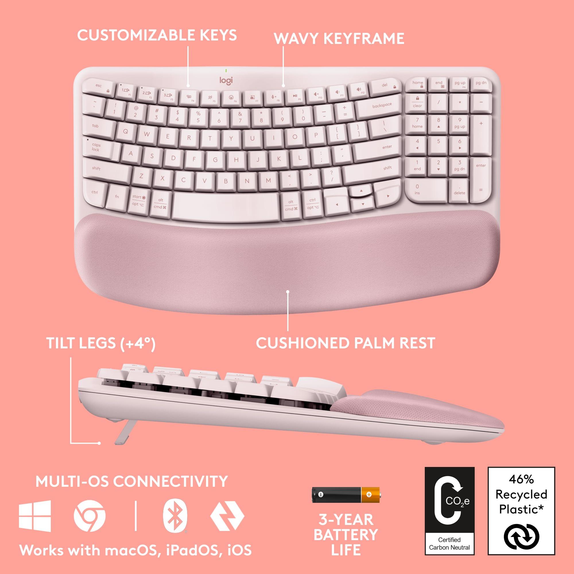 Foto 7 pulgar | Teclado Logitech Wave Keys Inalámbrico Ergonómico Rose - Venta Internacional.