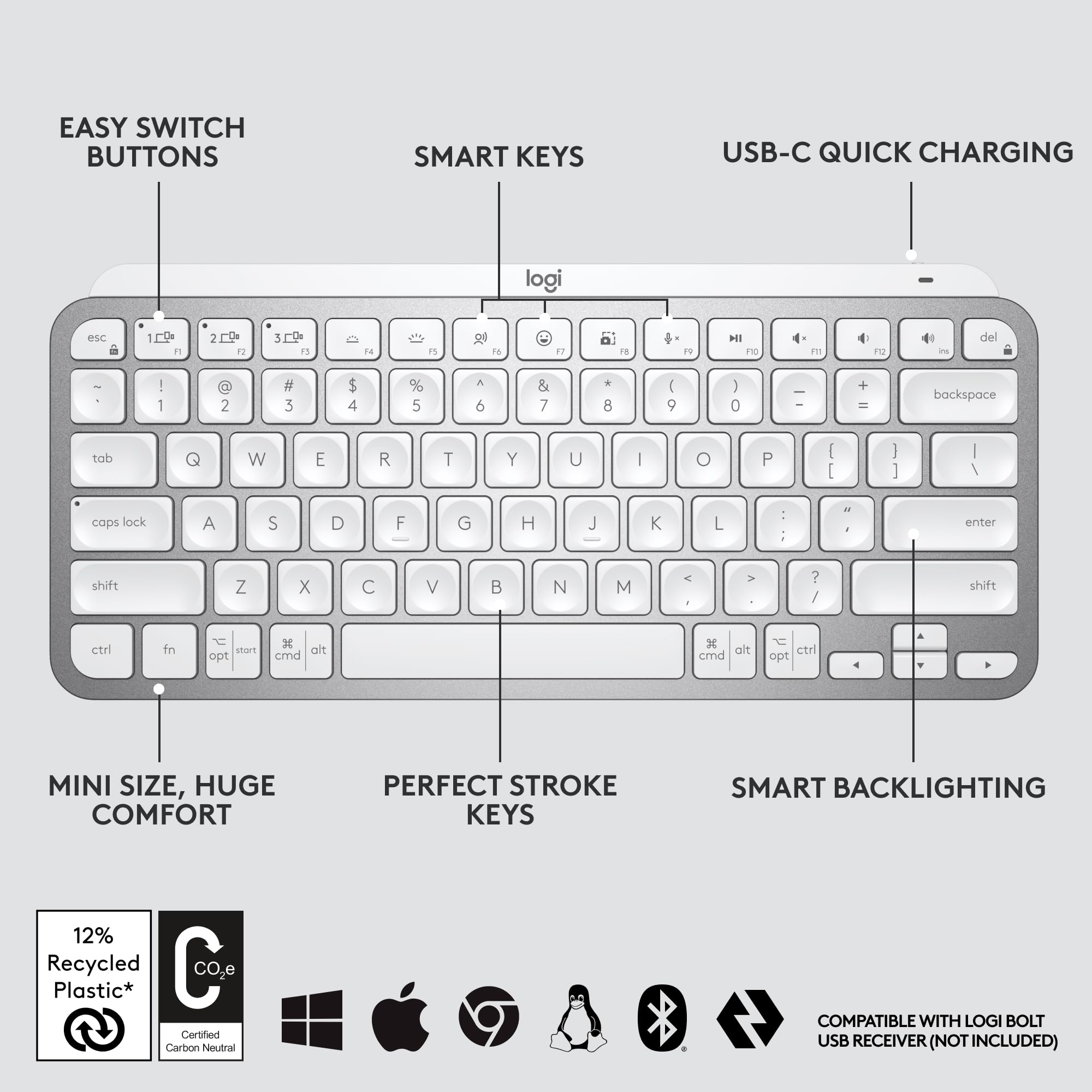 Foto 6 | Teclado Logitech Mx Keys Mini Inalámbrico Iluminado Gris Pálido - Venta Internacional.