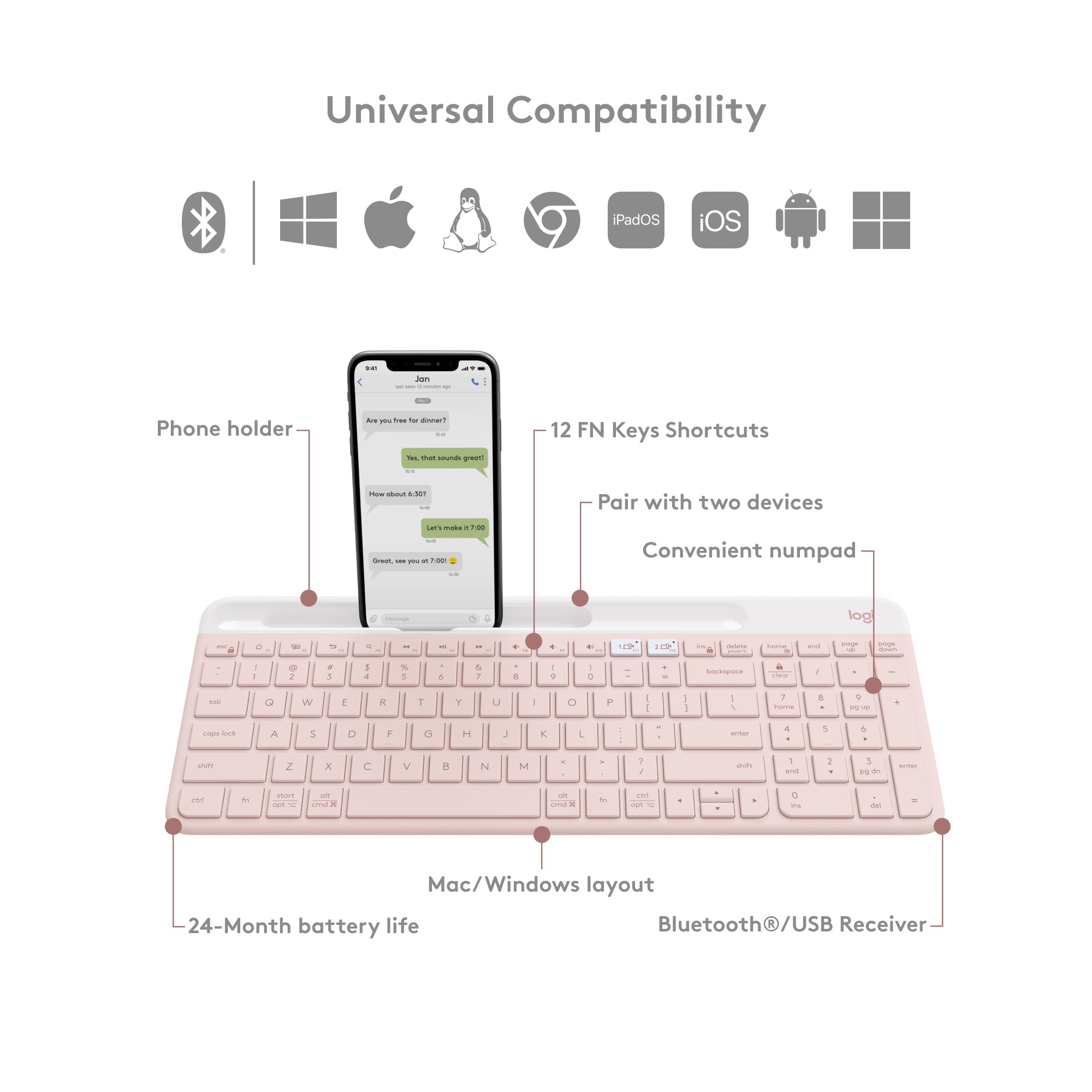 Foto 6 | Teclado Logitech K585, Multidispositivo, Delgado, Inalámbrico, Rosa - Venta Internacional.