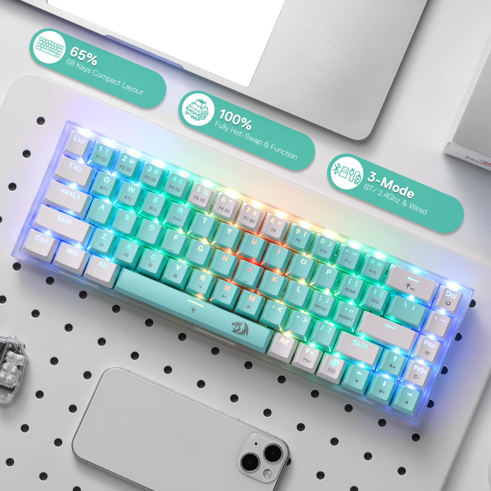 Foto 3 pulgar | Teclado Para Juegos Redragon K631 Pro Wt 65% Inalámbrico Rgb - Venta Internacional.