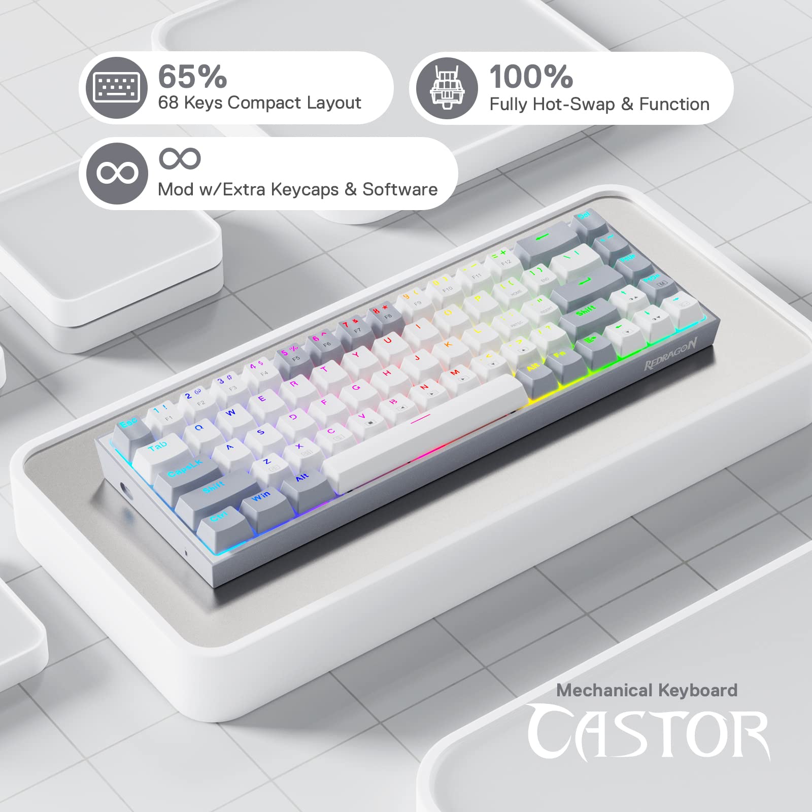 Foto 3 pulgar | Teclado Gaming Redragon K631 Grey 65% Cableado Rgb 68 Teclas - Venta Internacional.