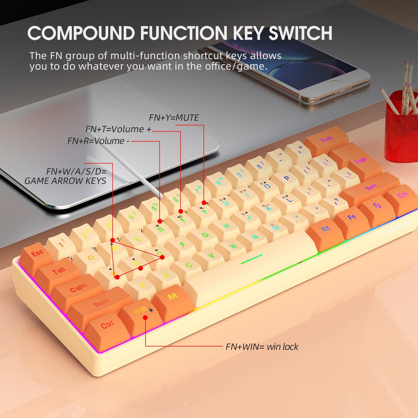 Foto 7 | Teclado Para Juegos Snpurdiri Con Retroiluminación Rgb, 60%, Ultracompacto, 61 Teclas - Venta Internacional.