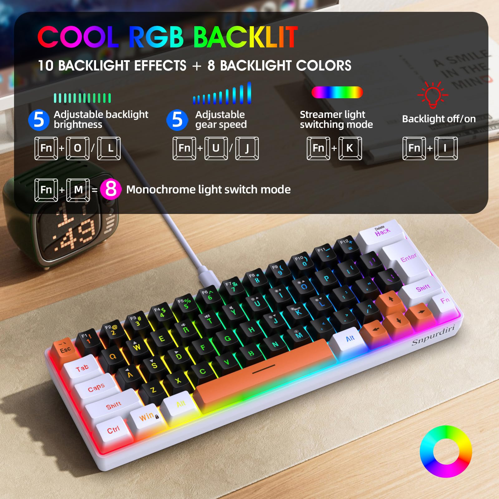 Foto 3 pulgar | Teclado Para Juegos Snpurdiri, 60% Cableado, Retroiluminado Rgb, 63 Teclas - Venta Internacional.