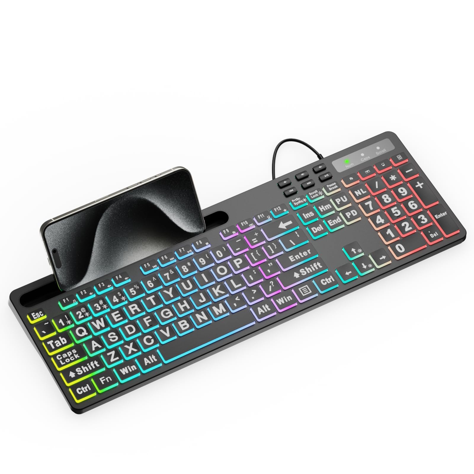 Teclado Marvo Wk712 Con Letra Grande, Retroiluminado, 7 Colores, Cable Usb - Venta Internacional.
