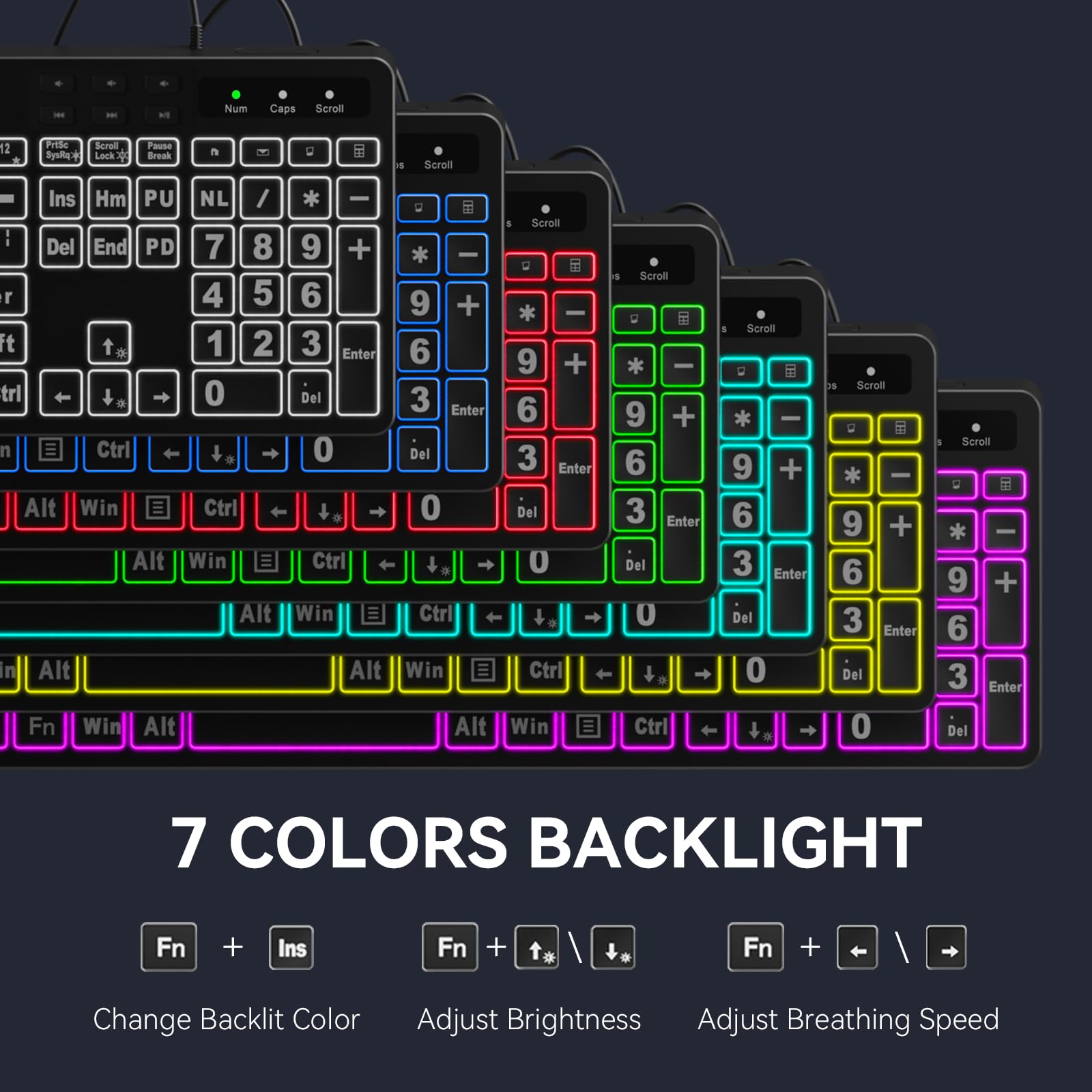 Foto 4 pulgar | Teclado Marvo Wk712 Con Letra Grande, Retroiluminado, 7 Colores, Cable Usb - Venta Internacional.