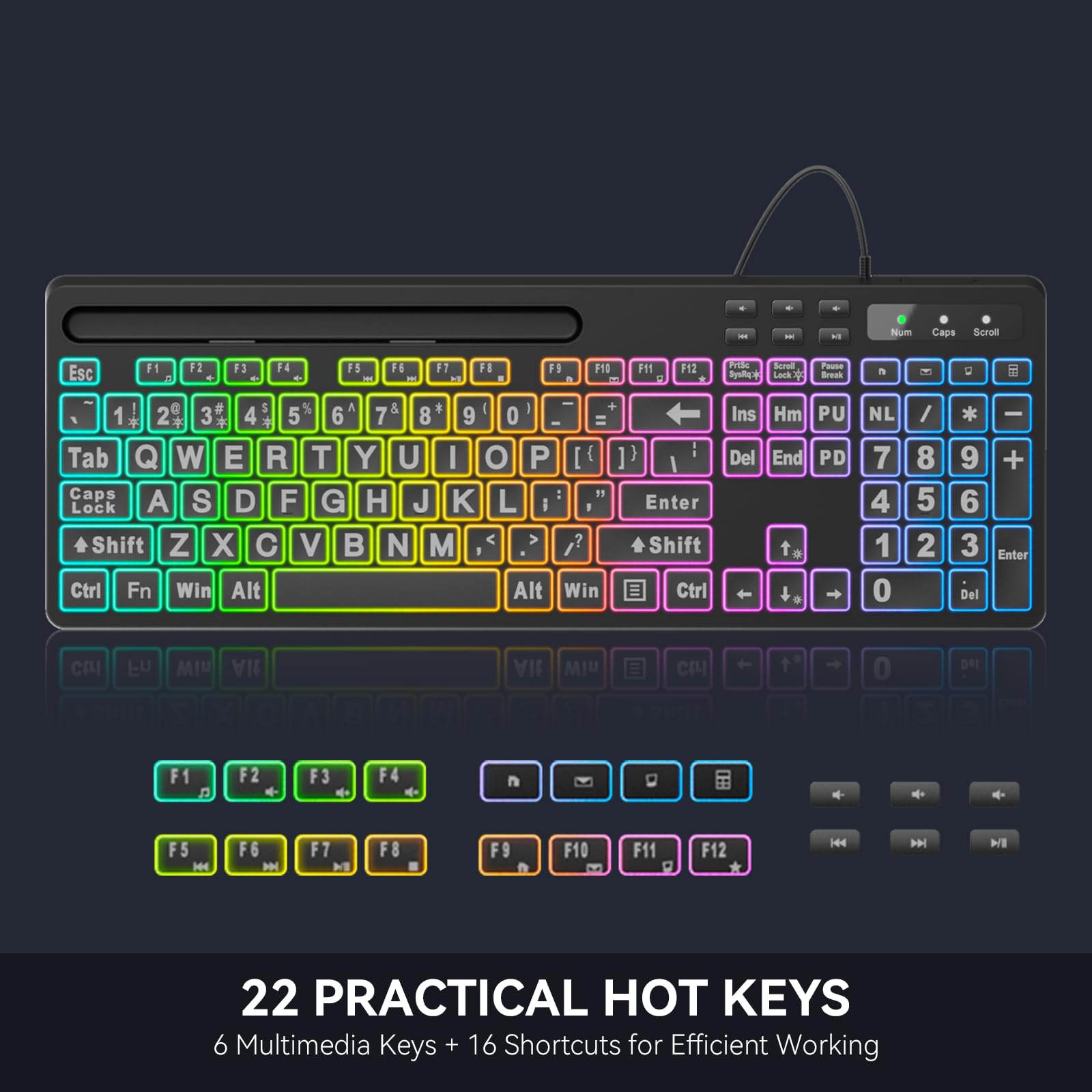 Foto 8 pulgar | Teclado Marvo Wk712 Con Letra Grande, Retroiluminado, 7 Colores, Cable Usb - Venta Internacional.