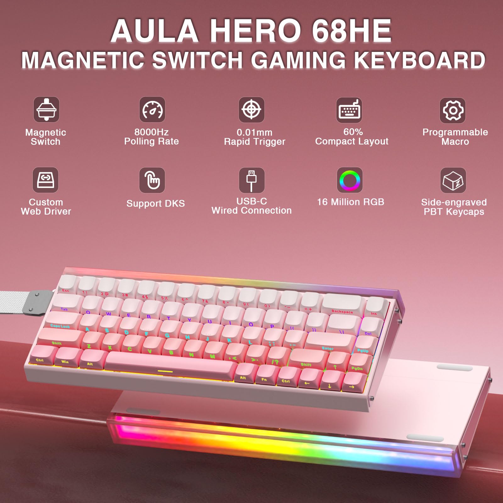 Foto 3 pulgar | Teclado Para Juegos Aula Hero 68 He 60% Cableado Con Retroiluminación Rgb - Venta Internacional.