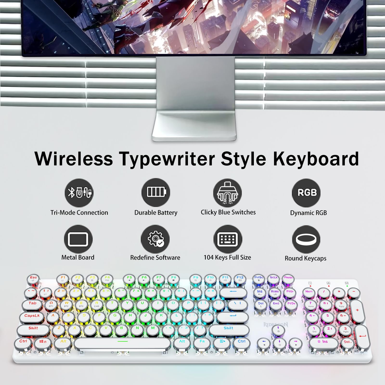 Foto 3 pulgar | Teclado Mecánico Inalámbrico Para Juegos Estilo Máquina De Escribir Redragon K710 Bluetooth/2.4 Ghz - Venta Interna