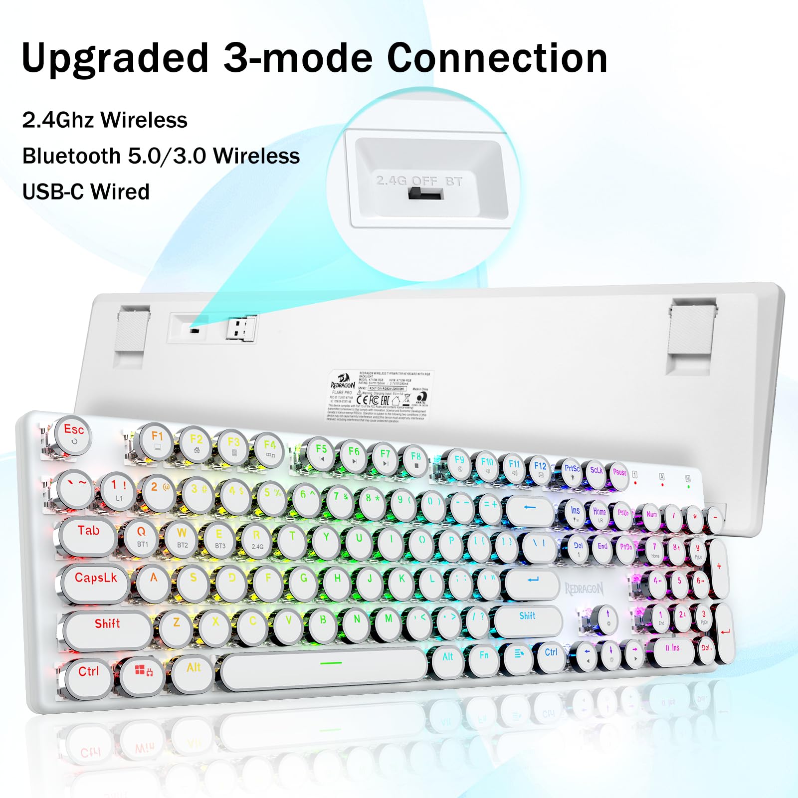 Foto 4 pulgar | Teclado Mecánico Inalámbrico Para Juegos Estilo Máquina De Escribir Redragon K710 Bluetooth/2.4 Ghz - Venta Interna