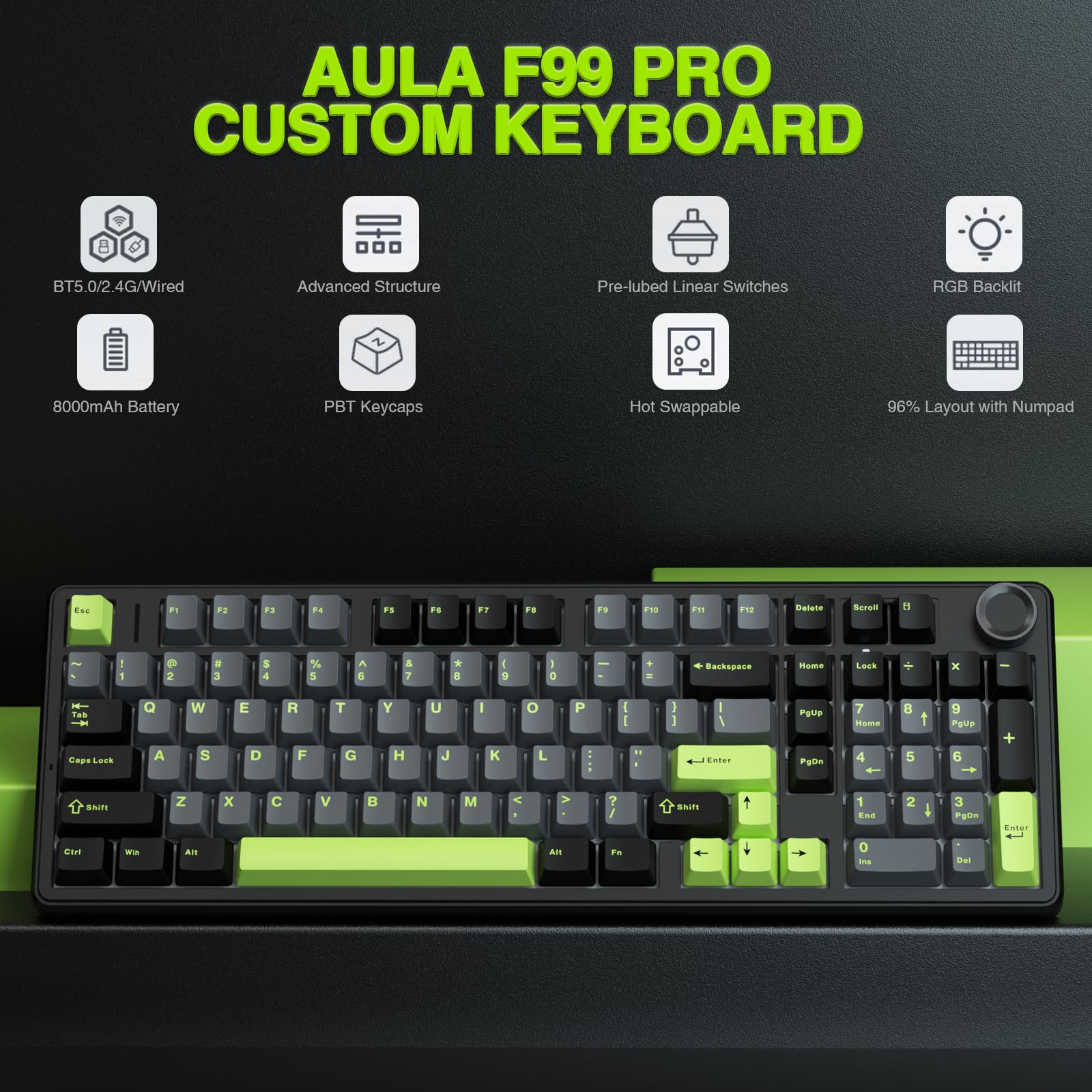 Foto 2 | Teclado Mecánico Inalámbrico Aula F99 Pro Con Perilla Retroiluminada Rgb - Venta Internacional.