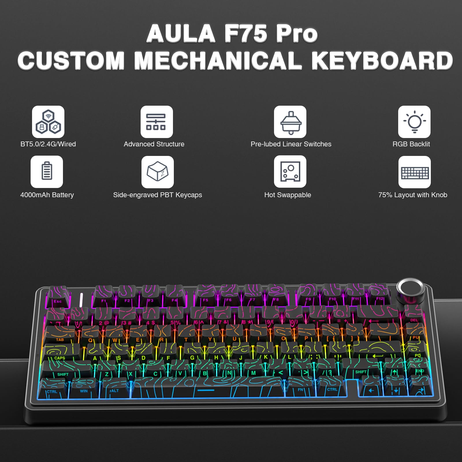 Foto 3 pulgar | Teclado Mecánico Inalámbrico Aula F75 Pro Con Retroiluminación Rgb - Venta Internacional.