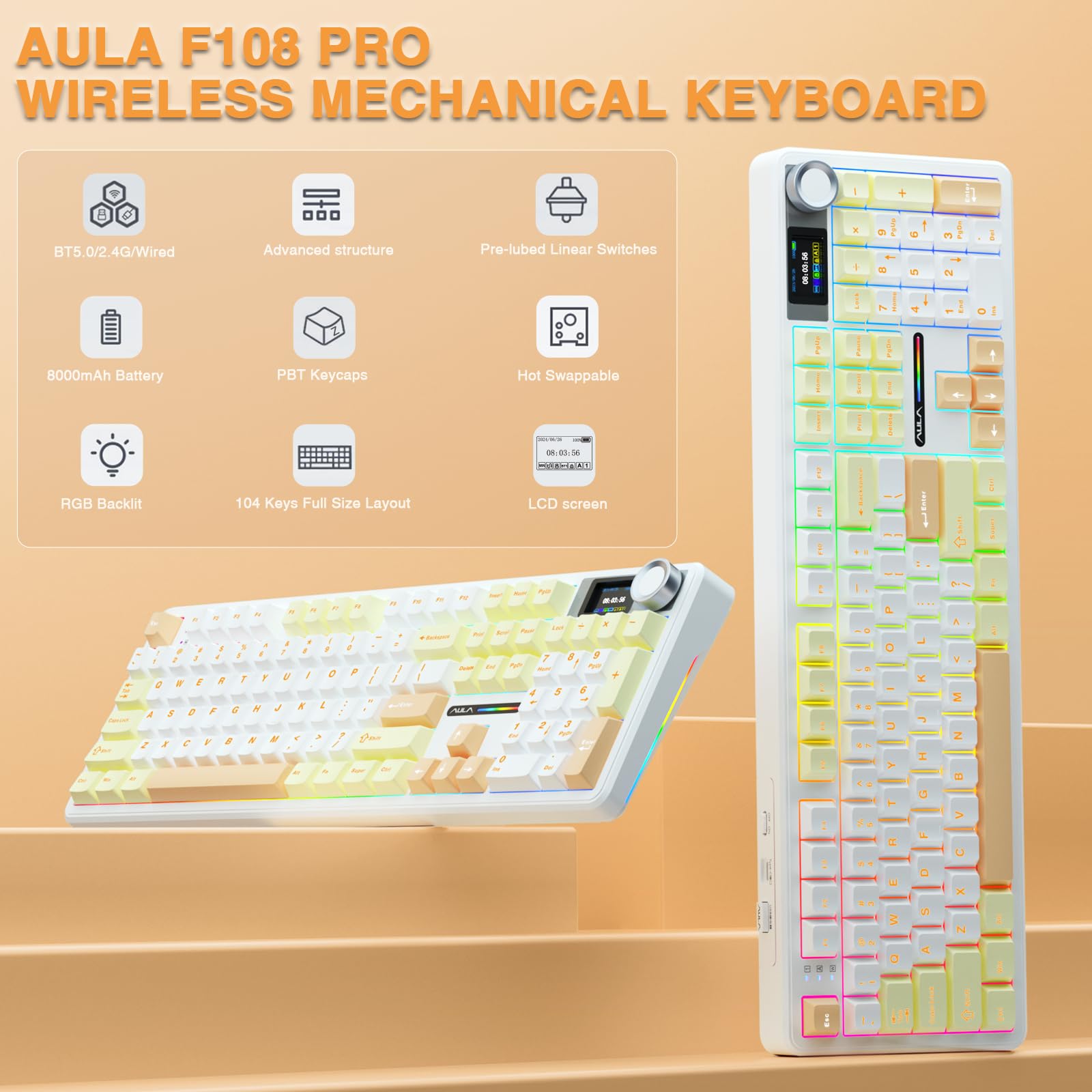Foto 3 pulgar | Teclado Mecánico Inalámbrico Aula F108 Pro Con Batería De 8000 Mah - Venta Internacional.