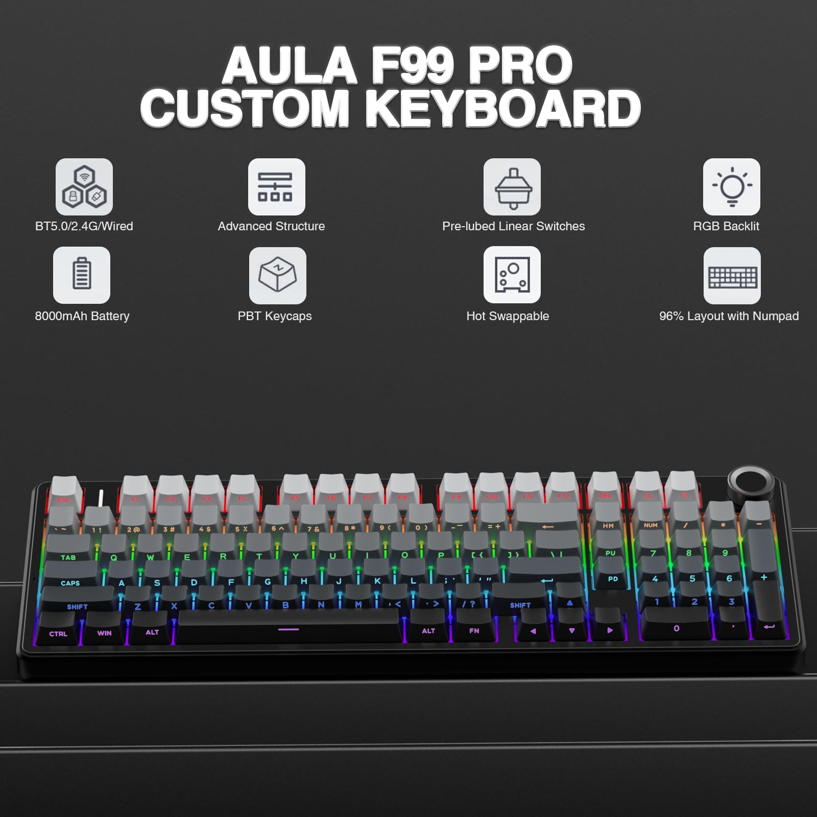 Foto 3 pulgar | Teclado Mecánico Inalámbrico Aula F99 Pro Con Botón Bt5.0/usb-c - Venta Internacional.