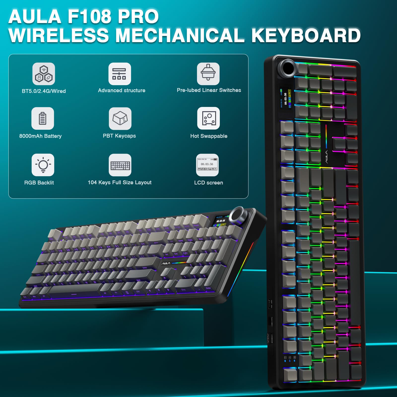 Foto 2 | Teclado Mecánico Inalámbrico Aula F108 Pro Con Batería De 8000 Mah - Venta Internacional.