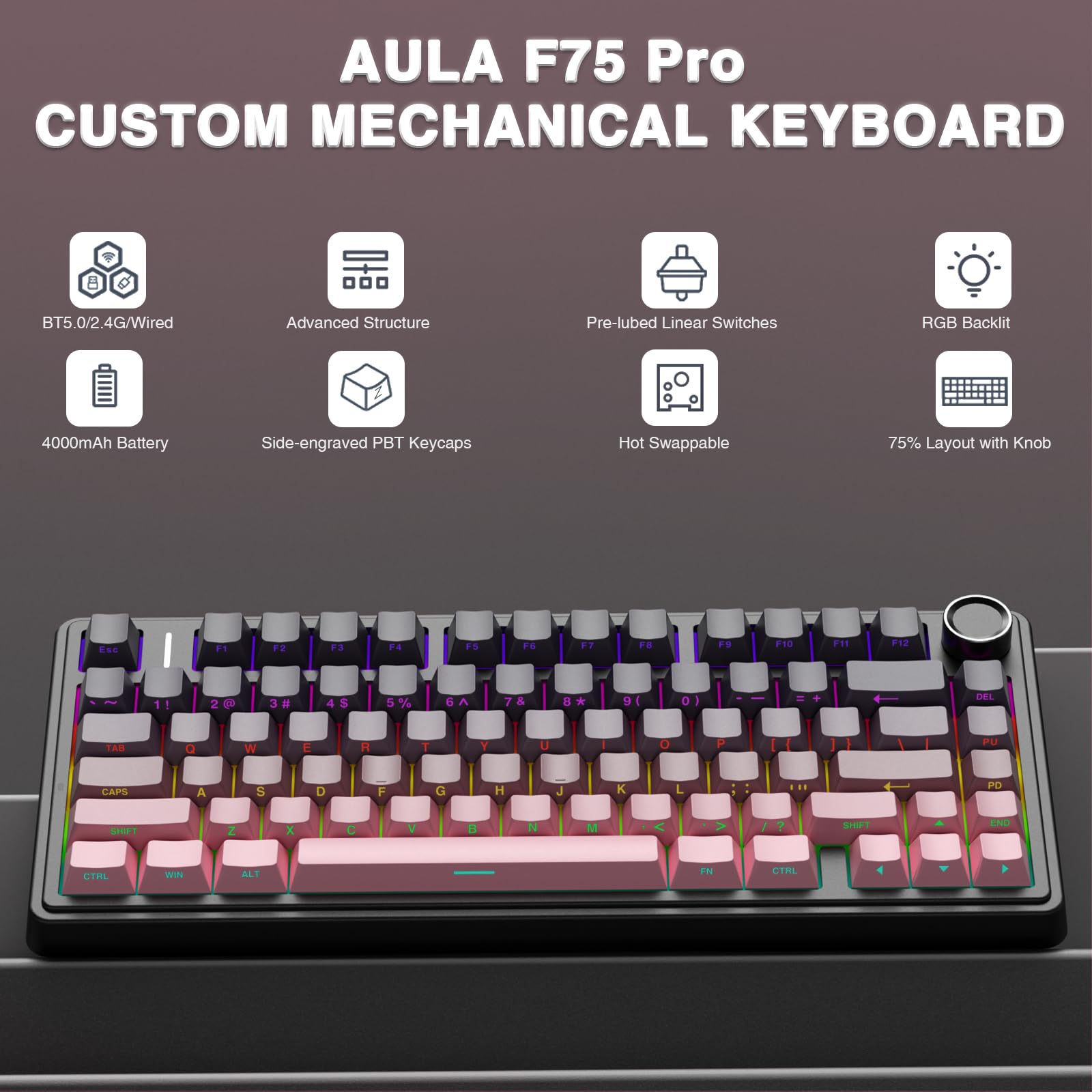 Foto 3 pulgar | Teclado Mecánico Inalámbrico Aula F75 Pro 75% Rgb Rosa Y Negro - Venta Internacional.