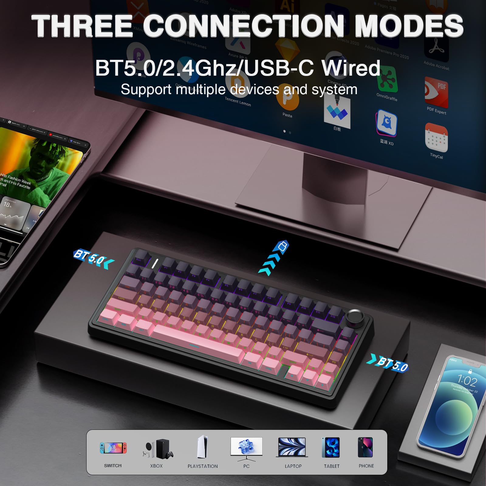 Foto 4 pulgar | Teclado Mecánico Inalámbrico Aula F75 Pro 75% Rgb Rosa Y Negro - Venta Internacional.