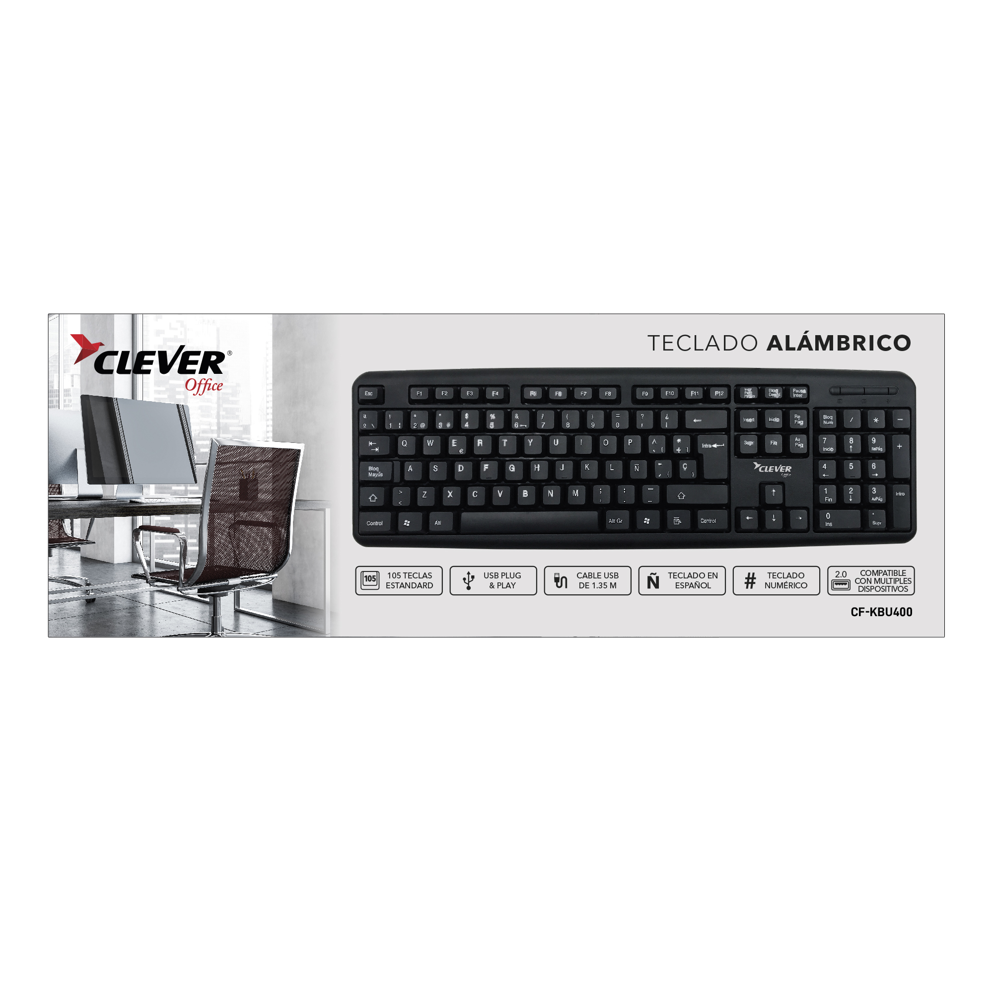Foto 2 | Teclado Alámbrico Clever Office Cf-kbu400 Usb Negro Español