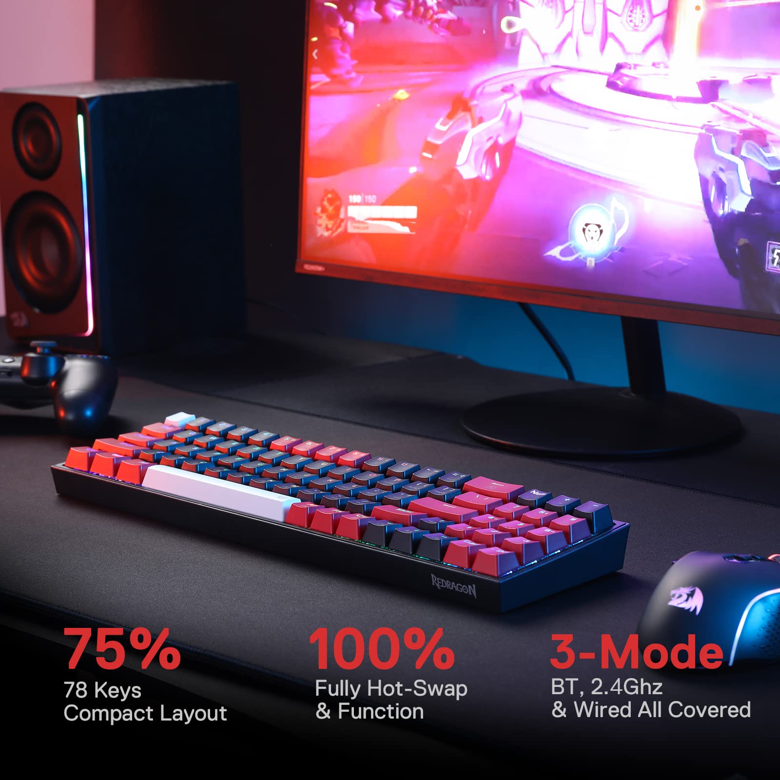 Foto 3 pulgar | Teclado Inalámbrico Rgb Para Juegos Redragon K628 Pro 75% Con Interruptor Rojo - Venta Internacional.