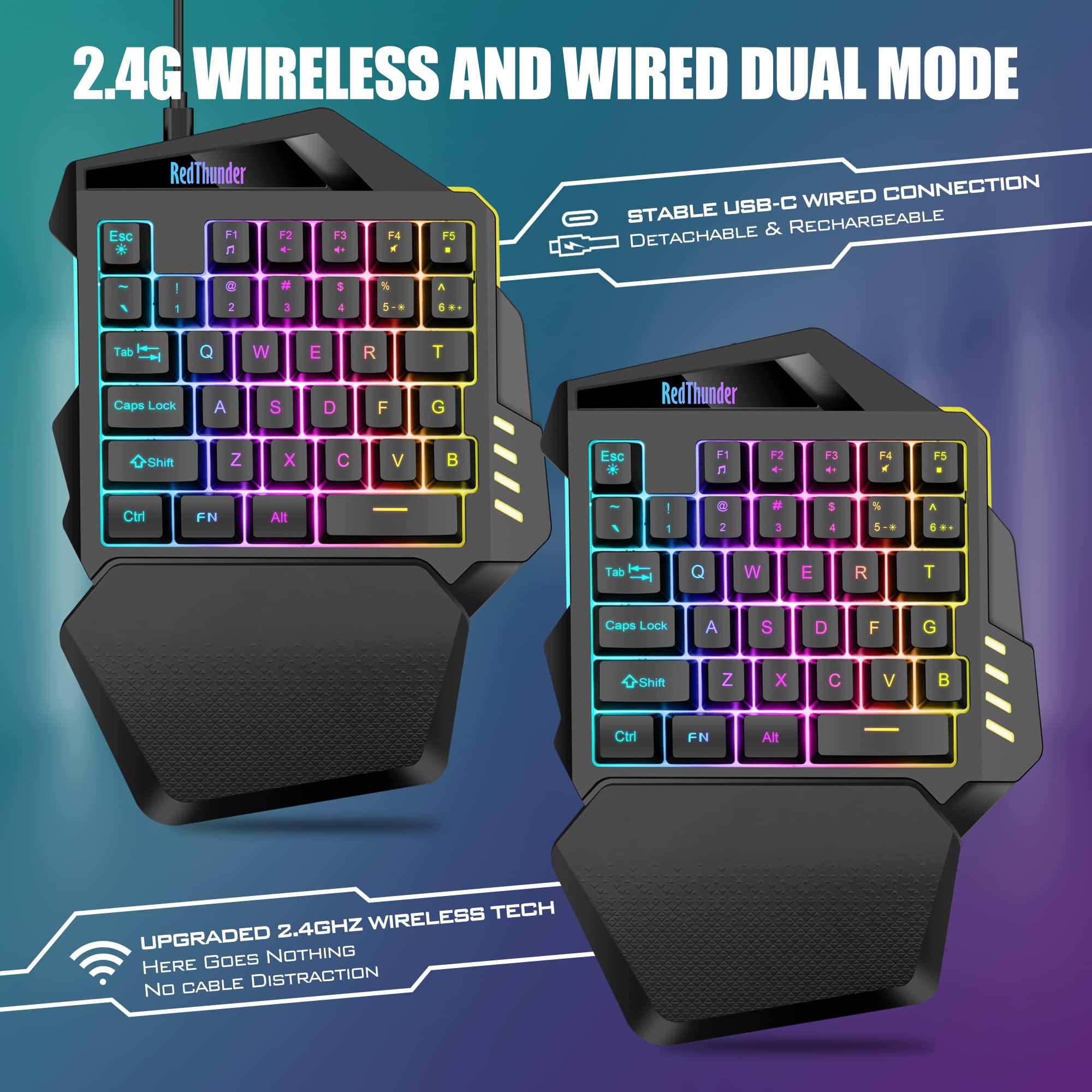 Foto 3 pulgar | Teclado Para Juegos Con Una Sola Mano Redthunder Inalámbrico Con Retroiluminación Rgb - Venta Internacional.
