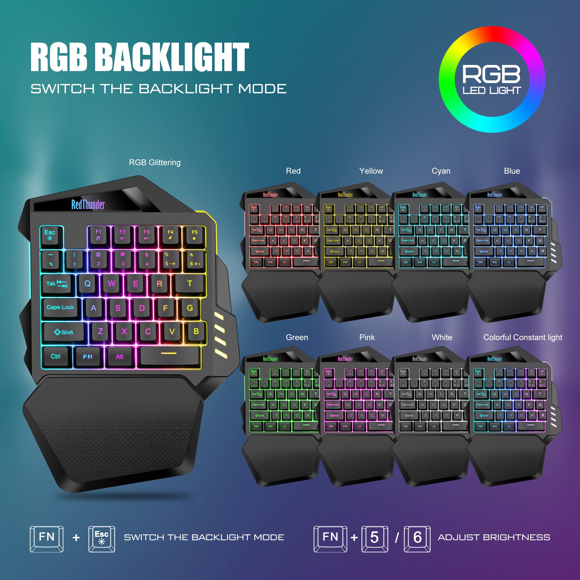 Foto 5 pulgar | Teclado Para Juegos Con Una Sola Mano Redthunder Inalámbrico Con Retroiluminación Rgb - Venta Internacional.