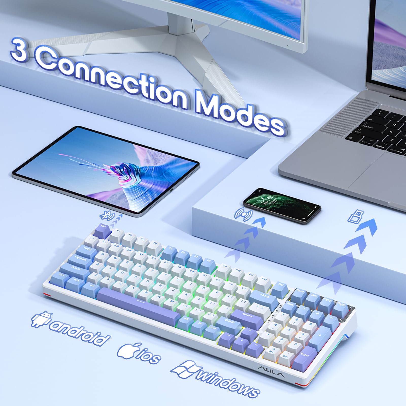Foto 3 pulgar | Teclado Gaming Aula 99 Teclas Tri-mode Bt5.0/2.4ghz/usb-c Purple - Venta Internacional.