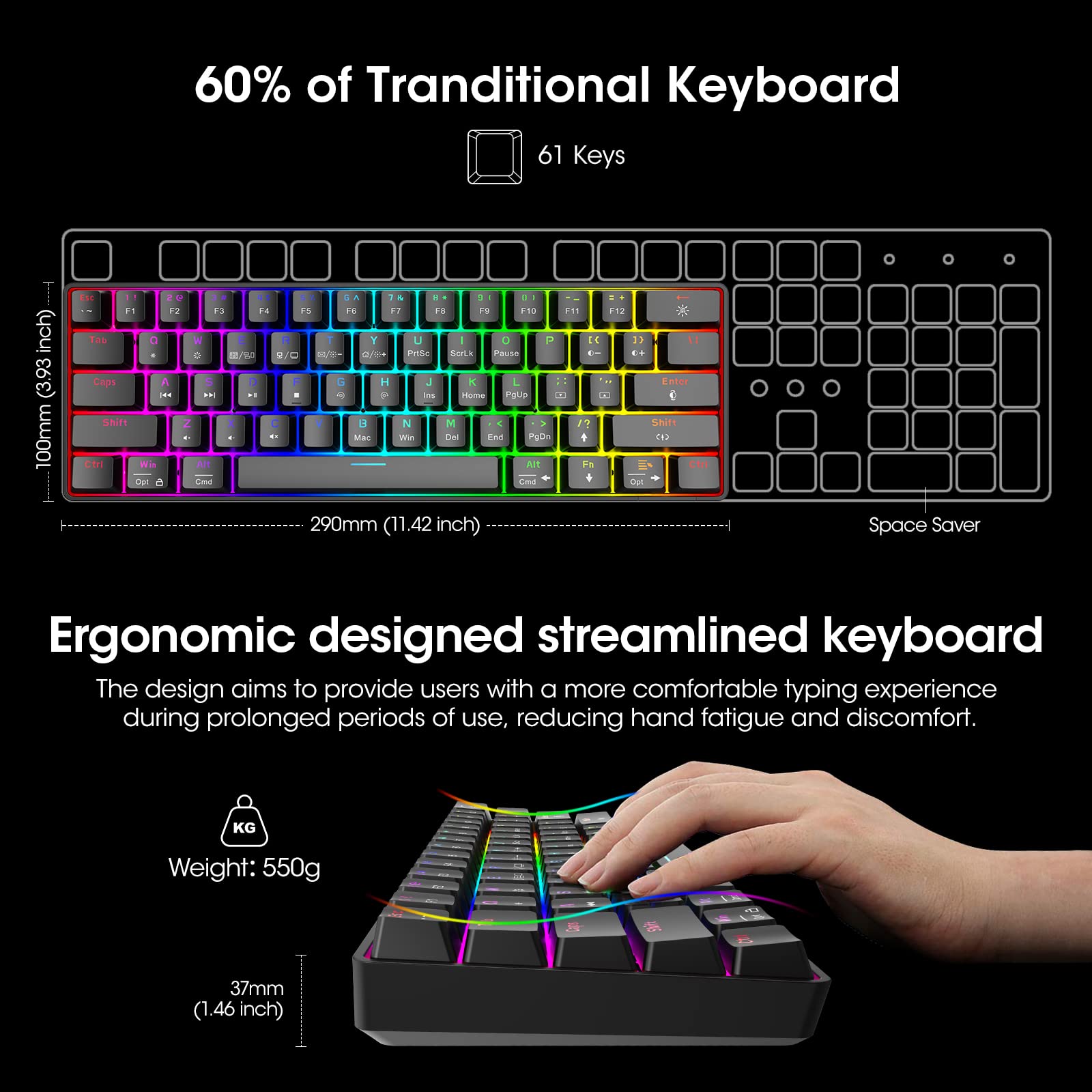 Foto 3 pulgar | Teclado Para Juegos Koorui 60% Cableado Ultracompacto De 61 Teclas Rgb - Venta Internacional.