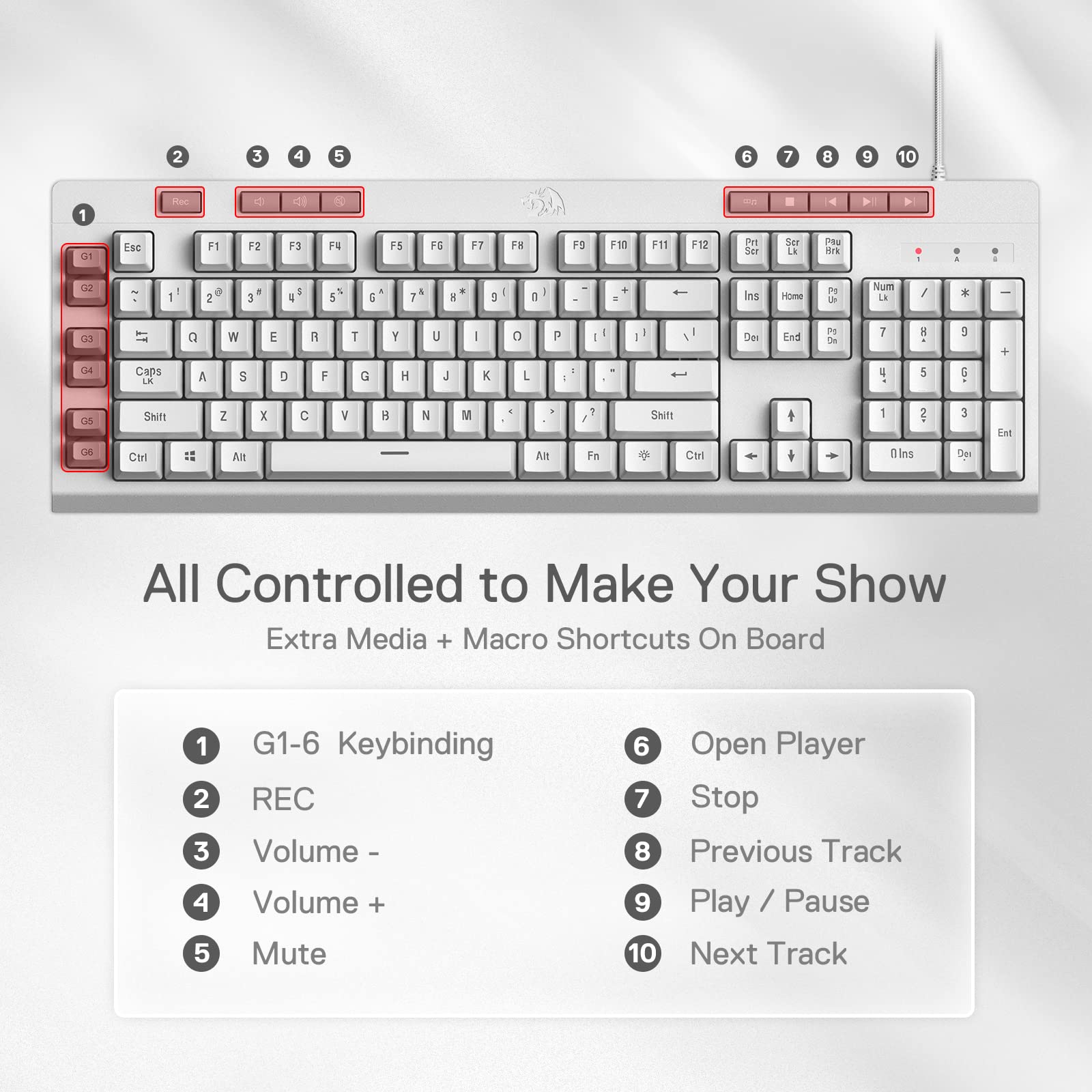 Foto 4 pulgar | Teclado Gaming Redragon K512 Shiva Rgb Retroiluminado Blanco - Venta Internacional.