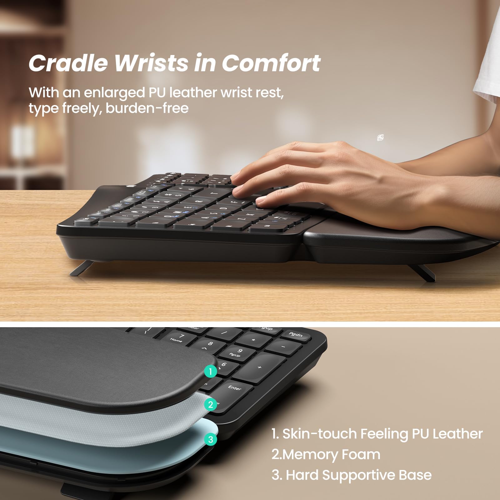 Foto 6 pulgar | Teclado Ergonómico Inalámbrico Nulea Split Con Reposamuñecas Negro - Venta Internacional.
