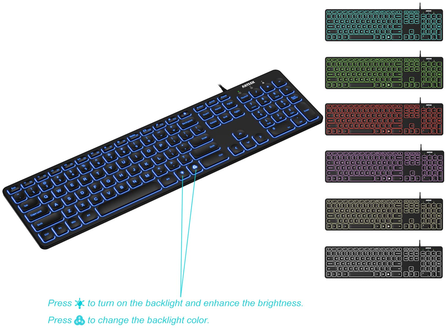 Foto 6 pulgar | Teclado Arteck Con Cable Usb Retroiluminado De Tamaño Completo Para Pc/portátil - Venta Internacional.