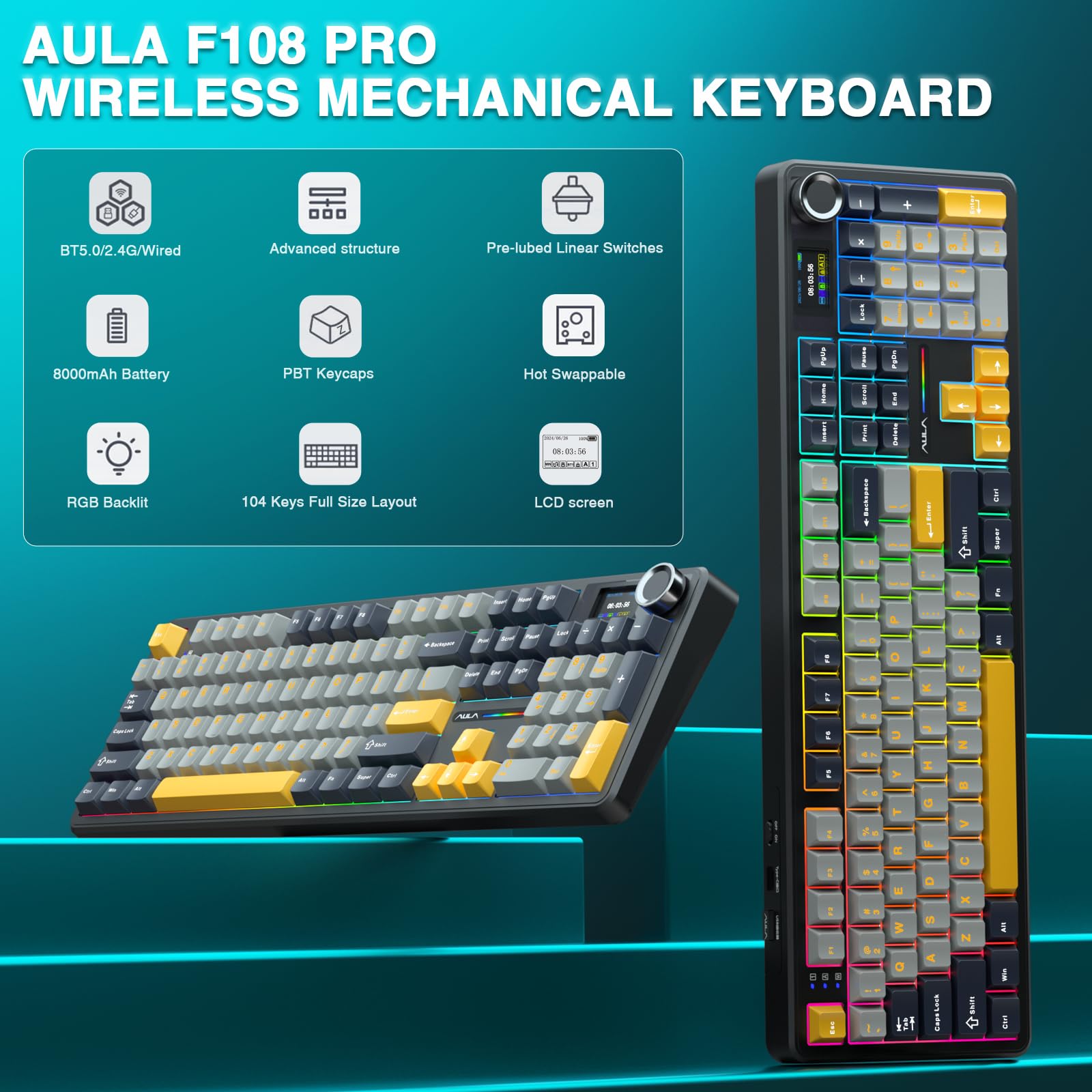 Foto 3 pulgar | Teclado Mecánico Inalámbrico Aula F108 Pro Con Batería De 8000 Mah - Venta Internacional.