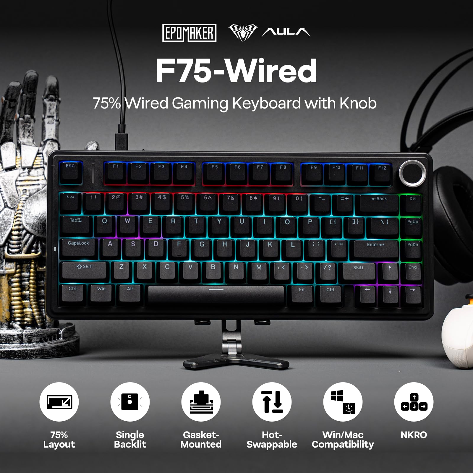 Foto 2 | Teclado Para Juegos Epomaker Aula F75 Con Cable 75% Con Perilla Negra - Venta Internacional.