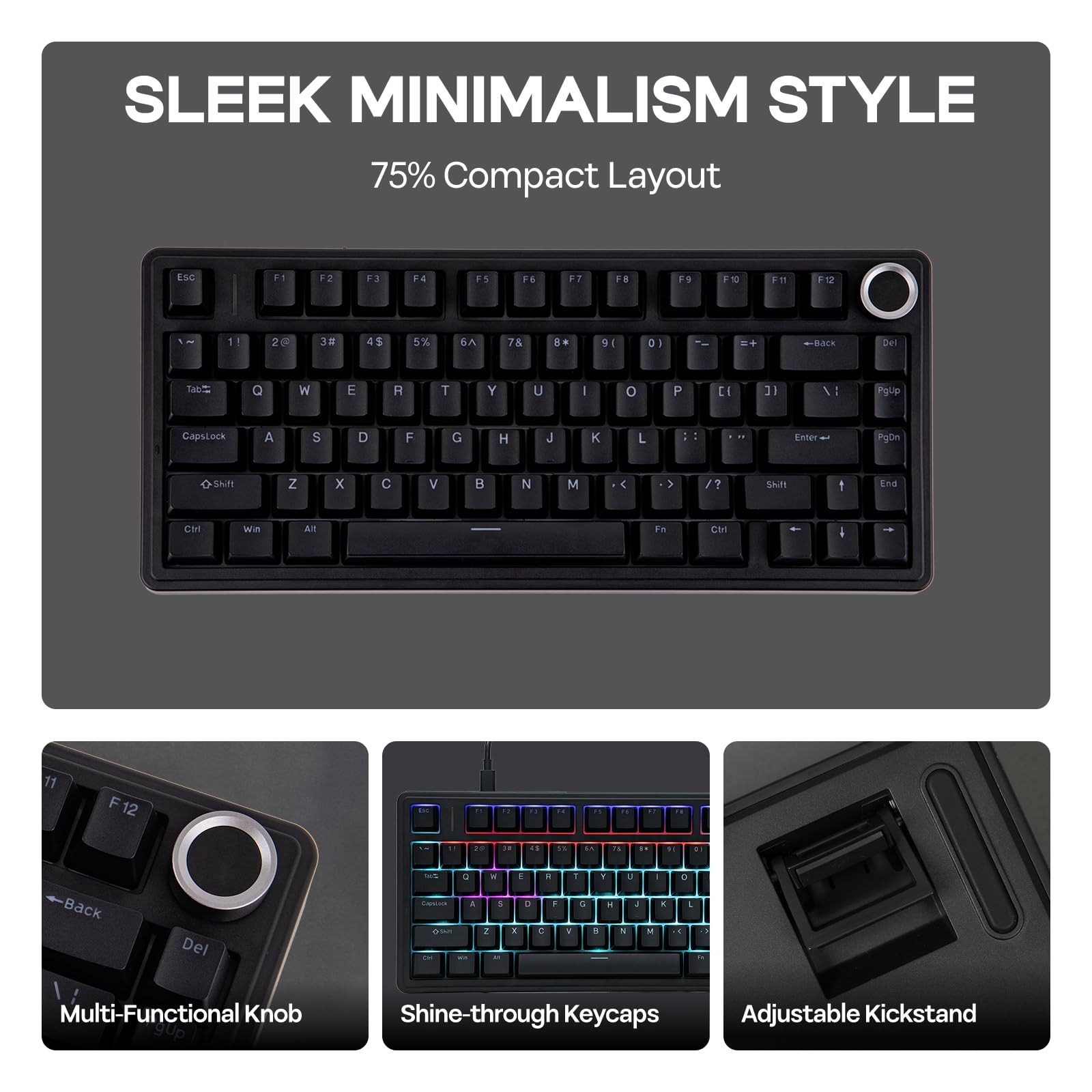 Foto 5 pulgar | Teclado Para Juegos Epomaker Aula F75 Con Cable 75% Con Perilla Negra - Venta Internacional.
