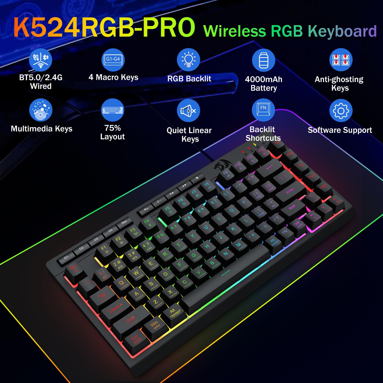 Foto 2 | Teclado Inalámbrico Portátil Para Juegos Redragon K524rgb-pro - Venta Internacional.