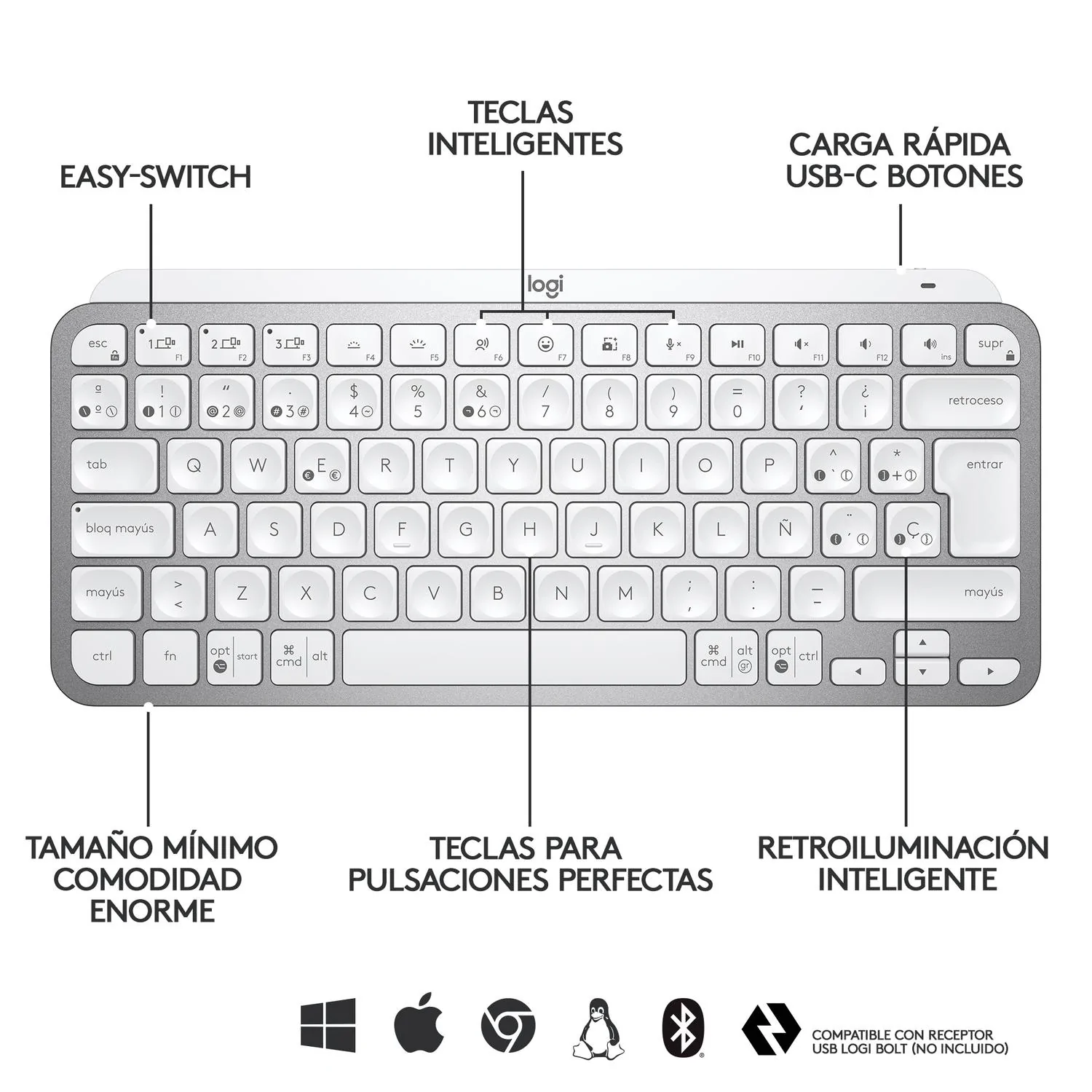 Foto 4 pulgar | Teclado Logitech Mx Keys Mini Gris Pálido Inalámbrico con Iluminación