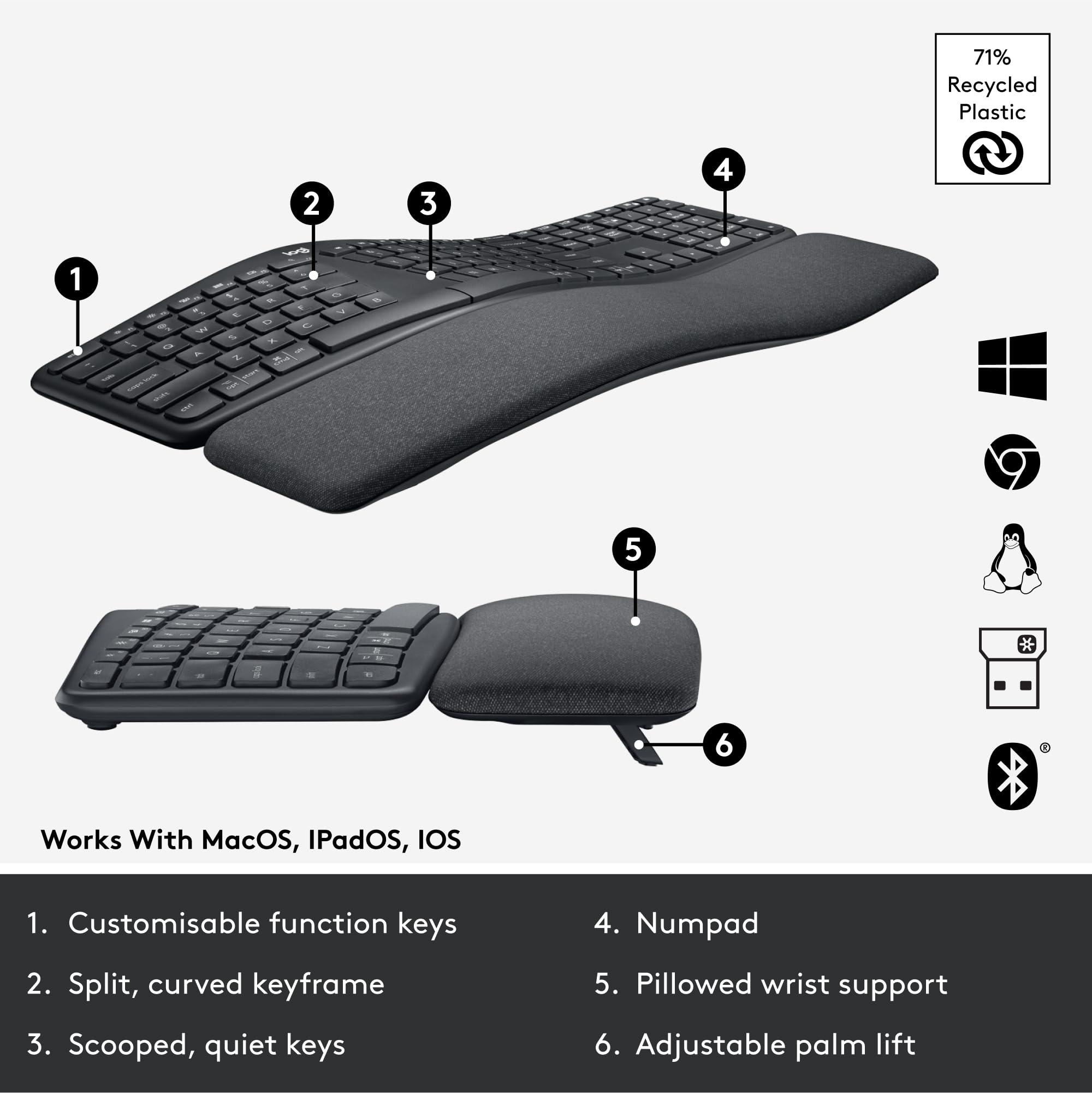 Foto 7 pulgar | Teclado Logitech Ergo K860 Inalámbrico Ergonómico Qwerty Negro - Venta Internacional