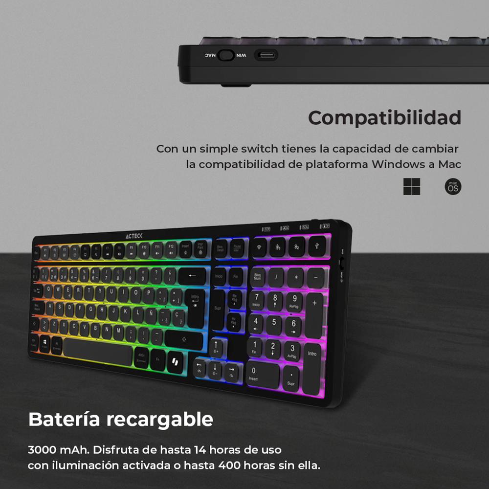 Foto 5 pulgar | Teclado Multidispositivo Acteck Techno Pro Ti790 Mecanico Inalambrico Usb 2.4ghz + Bt 5.0 Rgb Negro Ac-940061