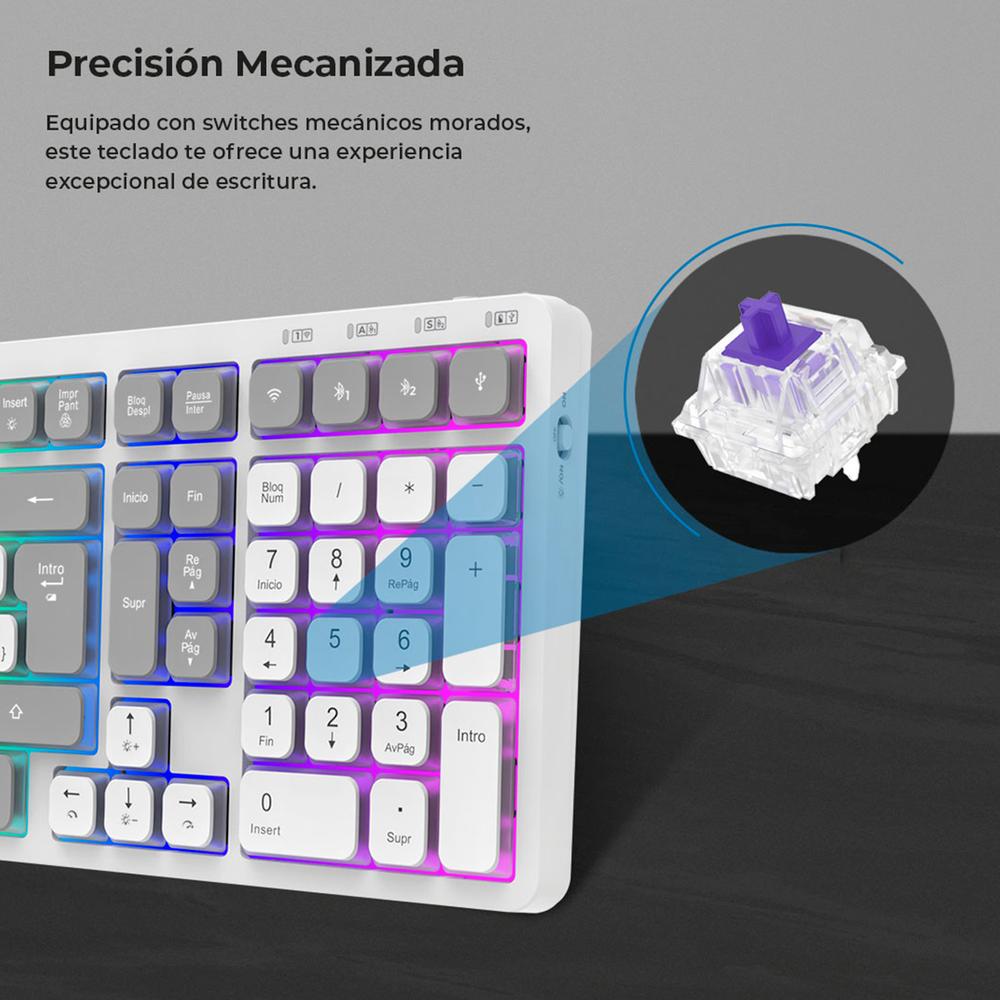 Foto 2 | Teclado Multidispositivo Acteck Techno Pro Ti790 Mecanico Inalambrico Usb 2.4ghz + Bt 5.0 Rgb Blanco Ac-940078