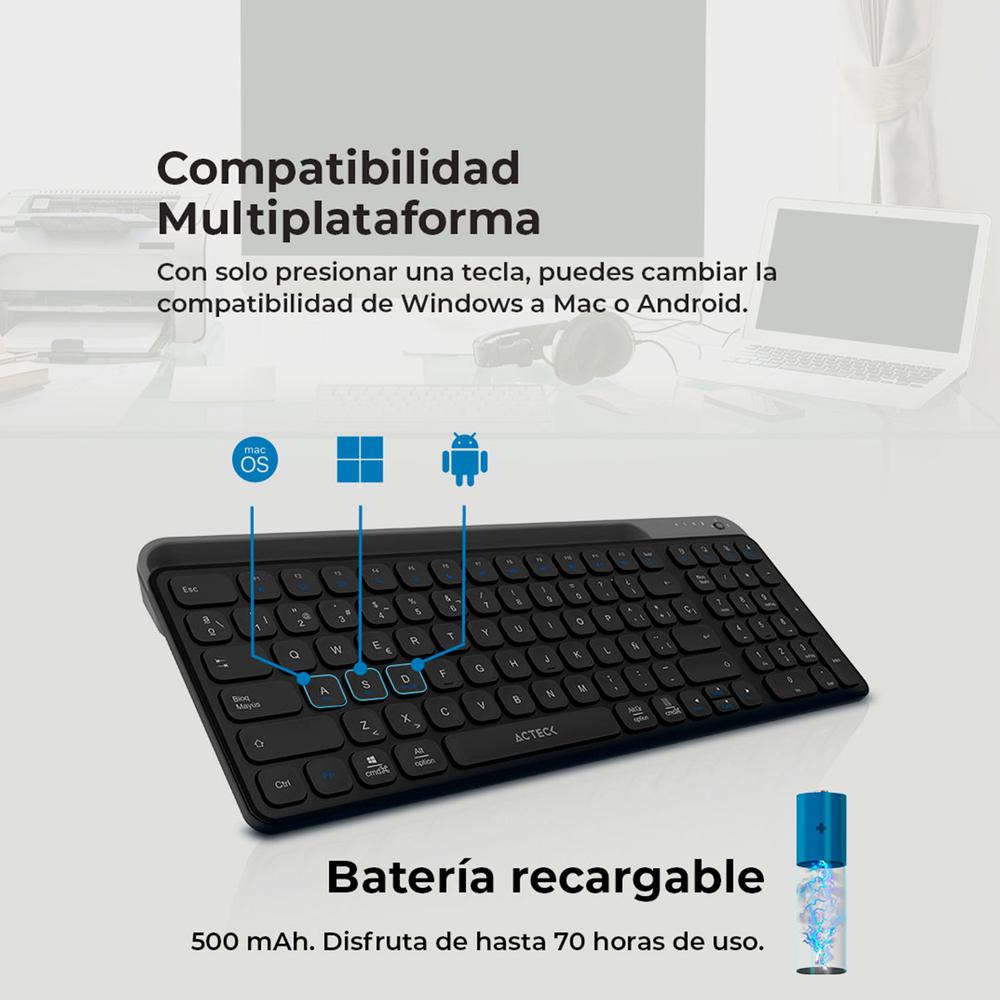 Foto 3 pulgar | Teclado Multidispositivo Acteck Inspire Trek Ti747 Inalambrico Usb 2.4 Mhz + Bt 5.1 Tamaño 98% Negro/gris