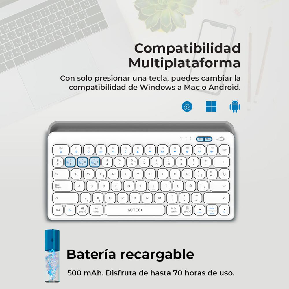 Foto 3 pulgar | Teclado Multidispositivo Acteck Inspire Trek Ti737 Inalambrico Usb 2.4 Mhz + Bt 5.1 Tamaño 65% Blanco/gris