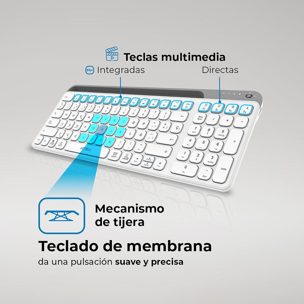 Foto 2 | Teclado Multidispositivo Acteck Inspire Trek Ti747 Inalambrico Usb 2.4 Mhz + Bt 5.1 Tamaño 98% Blanco/gris