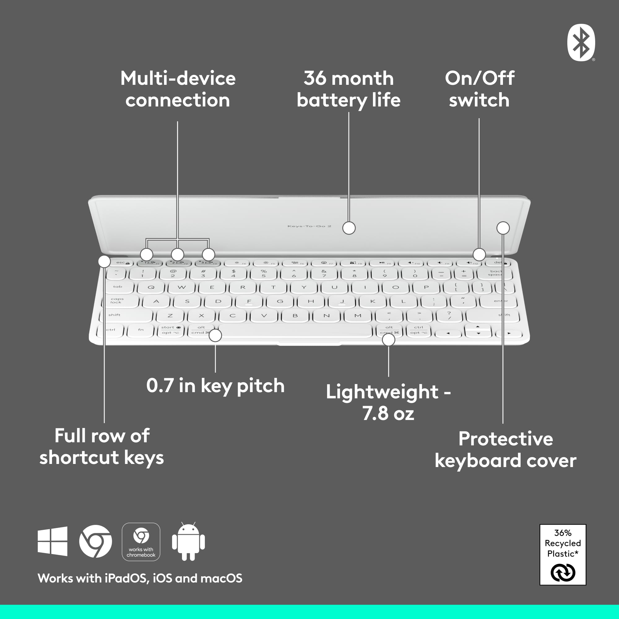 Foto 7 pulgar | Teclado Inalámbrico Portátil Logitech Keys-to-go 2 Gris Pálido - Venta Internacional.