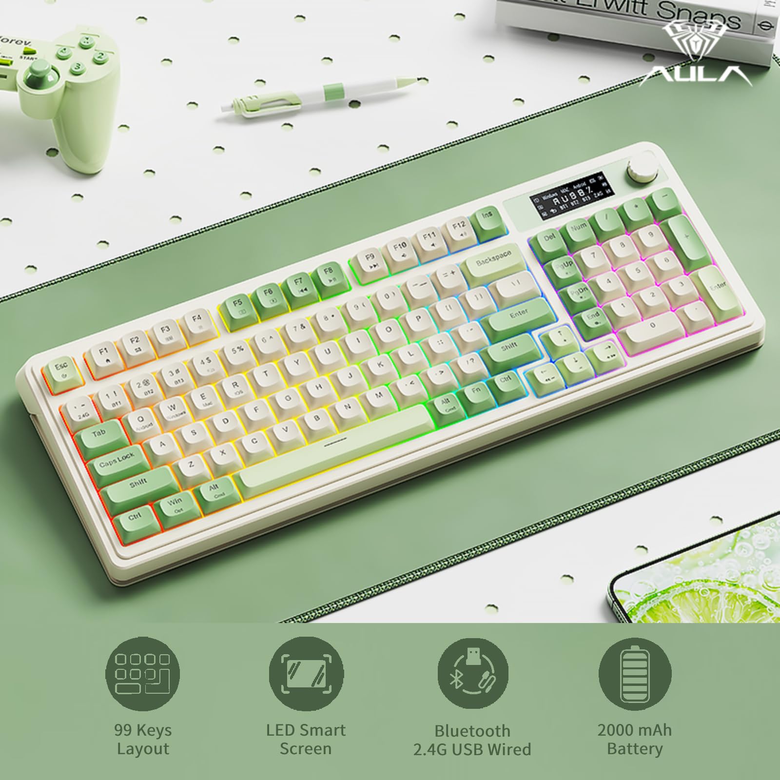 Foto 3 pulgar | Teclado Inalámbrico Aula S99 Pro Rgb Gaming Con Pantalla Verde - Venta Internacional.