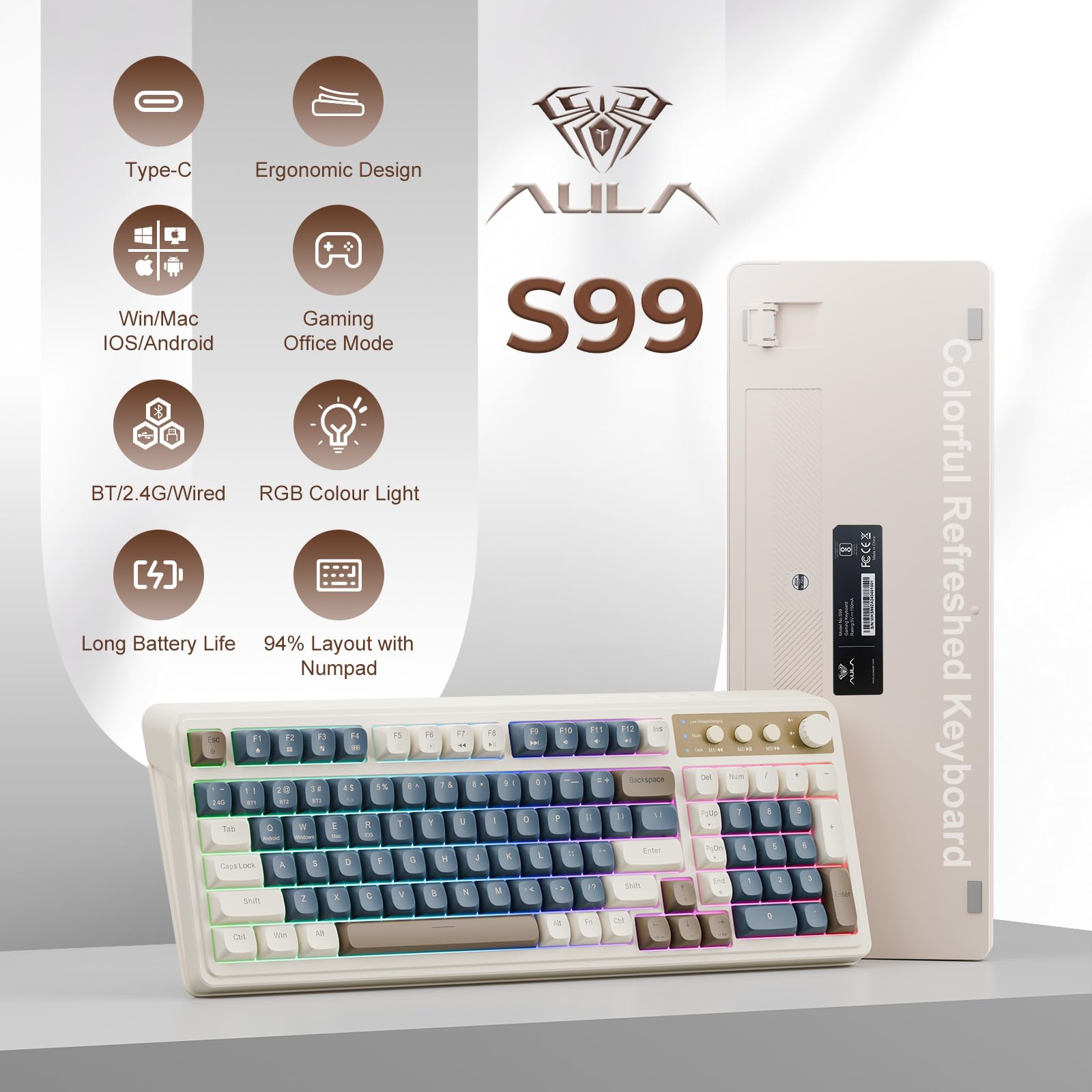 Foto 3 pulgar | Teclado Para Videojuegos Aula 99 Teclas Tri-mode Bluetooth/2.4 Ghz/usb-c - Venta Internacional.